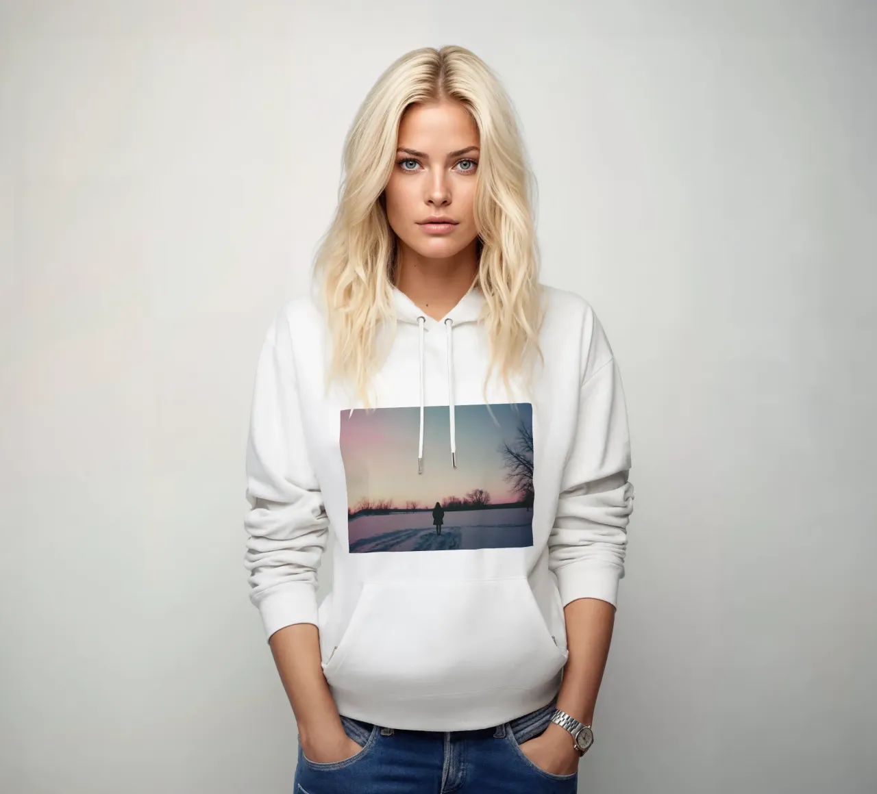 sagoma di una ragazza in piedi in un campo di neve felpa con cappuccio da serinae