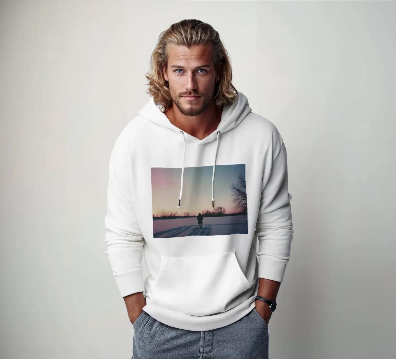 sagoma di una ragazza in piedi in un campo di neve felpa con cappuccio da serinae