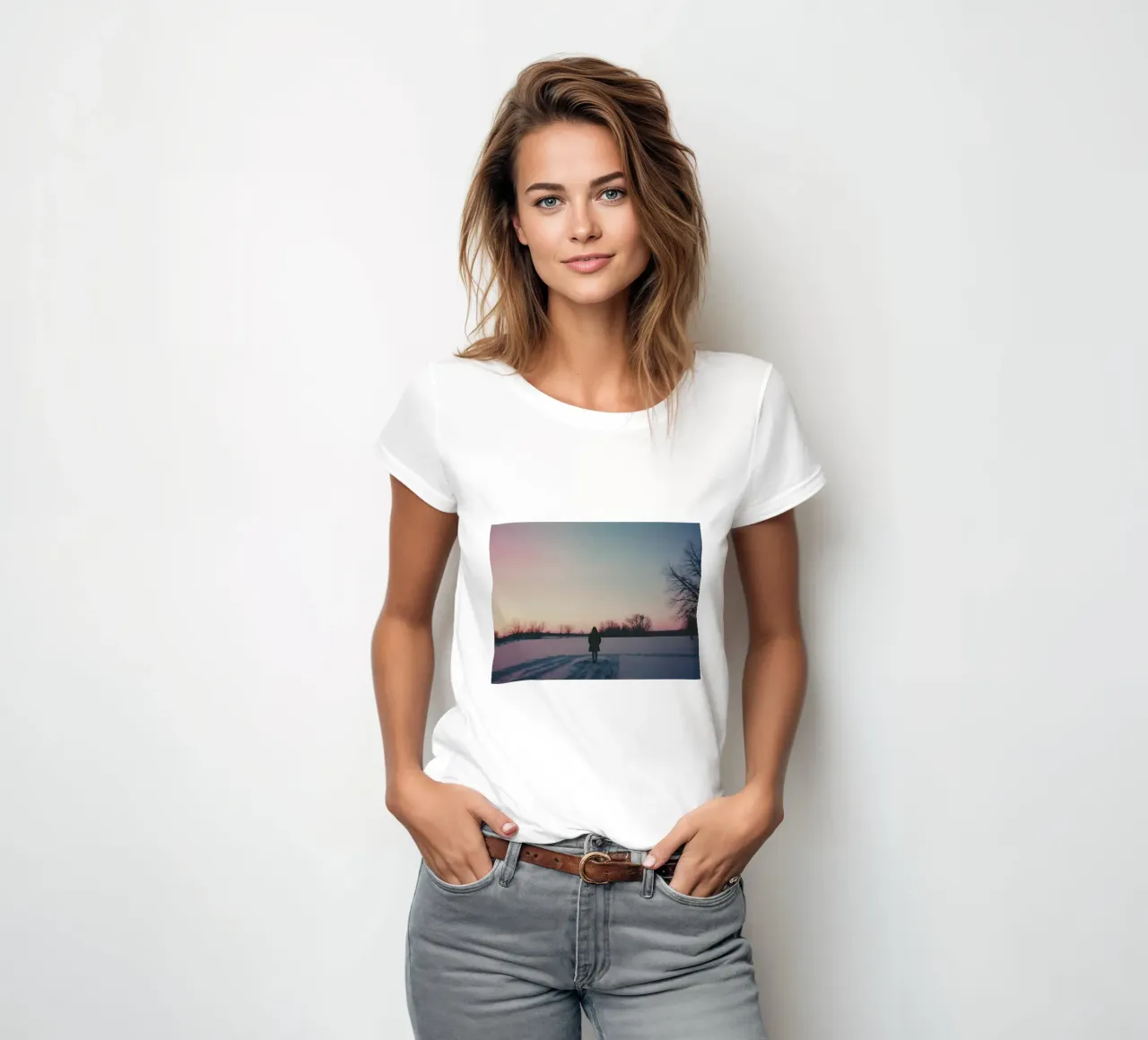 sagoma di una ragazza in piedi in un campo di neve t-shirt da donna da serinae