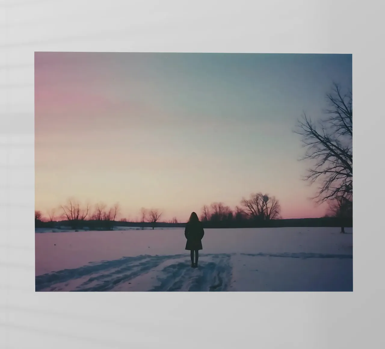 sagoma di una ragazza in piedi in un campo di neve pellicola backlit da serinae