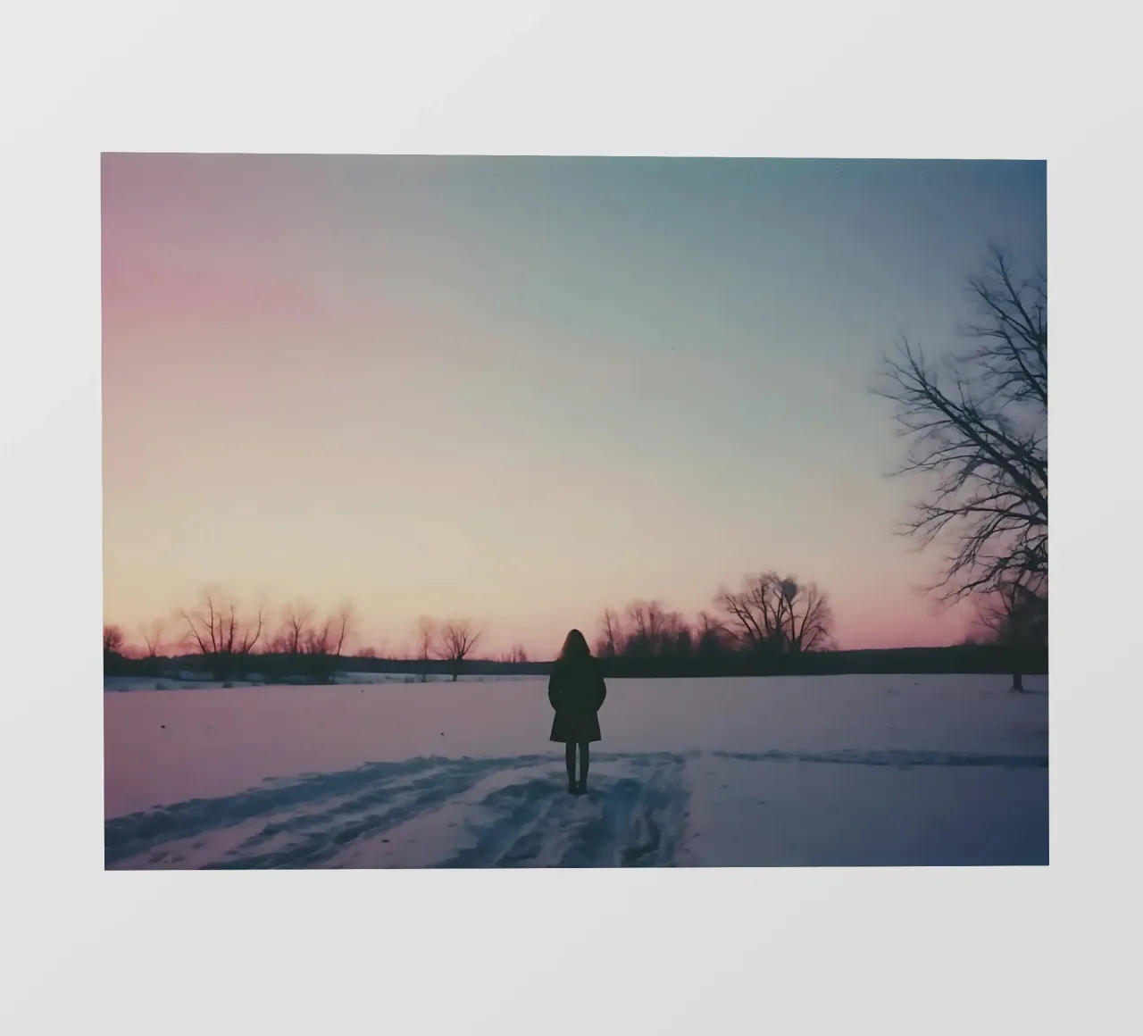 sagoma di una ragazza in piedi in un campo di neve pellicola backlit da serinae