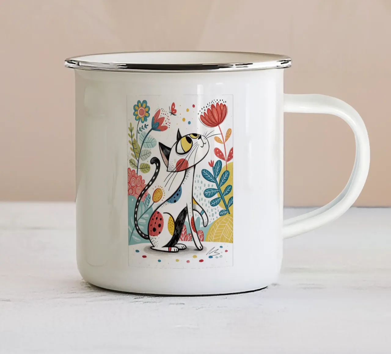 Gatto con fiori tazza in smalto da logic
