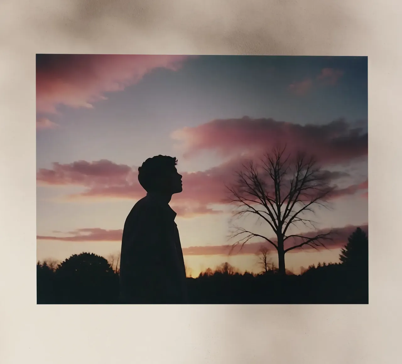 silhouette di un ragazzo che guarda il cielo d'inverno pellicola backlit da serinae