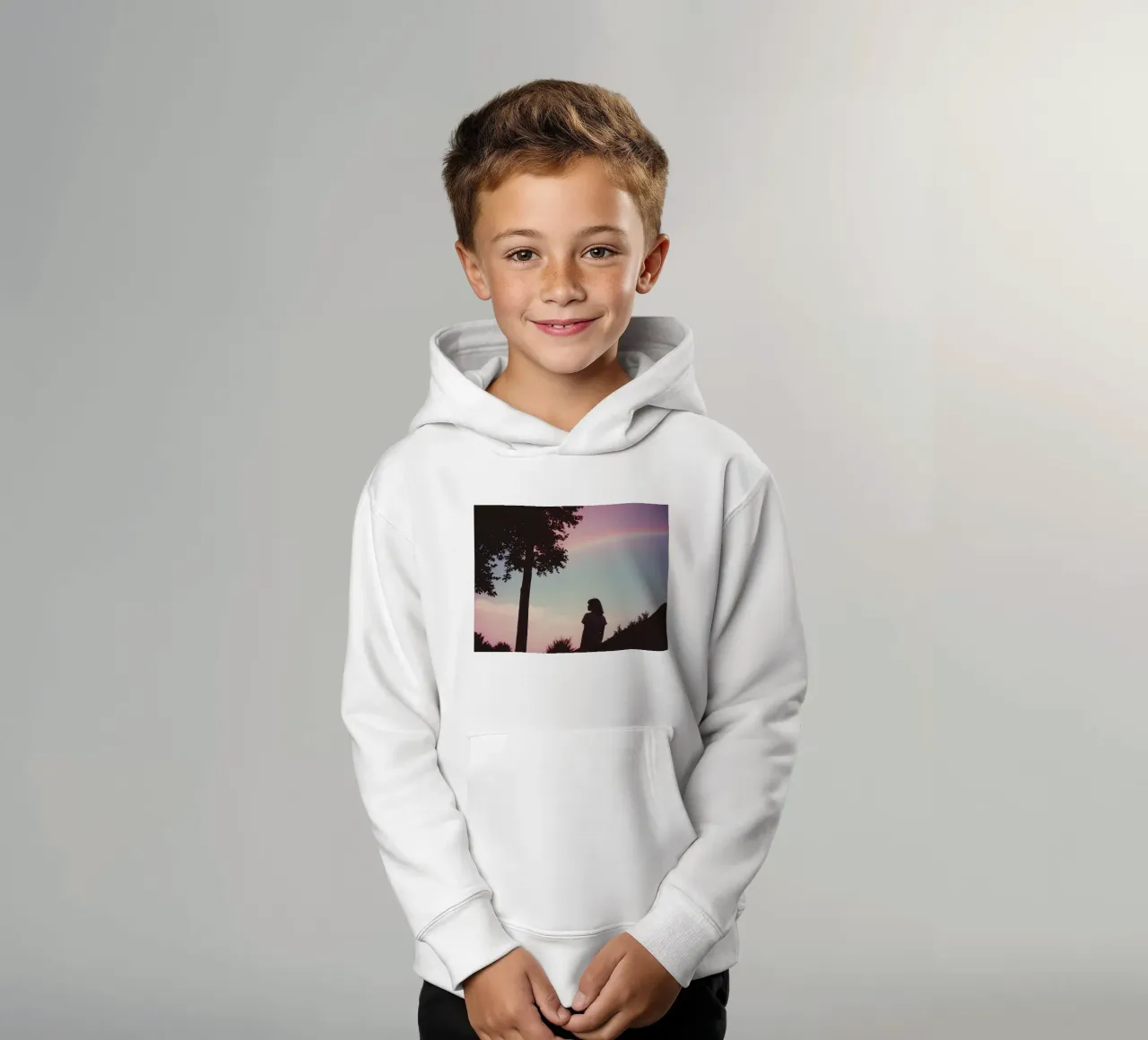 silhouette of a girl under a summer sky with a rainbow kids hoodie by serinae