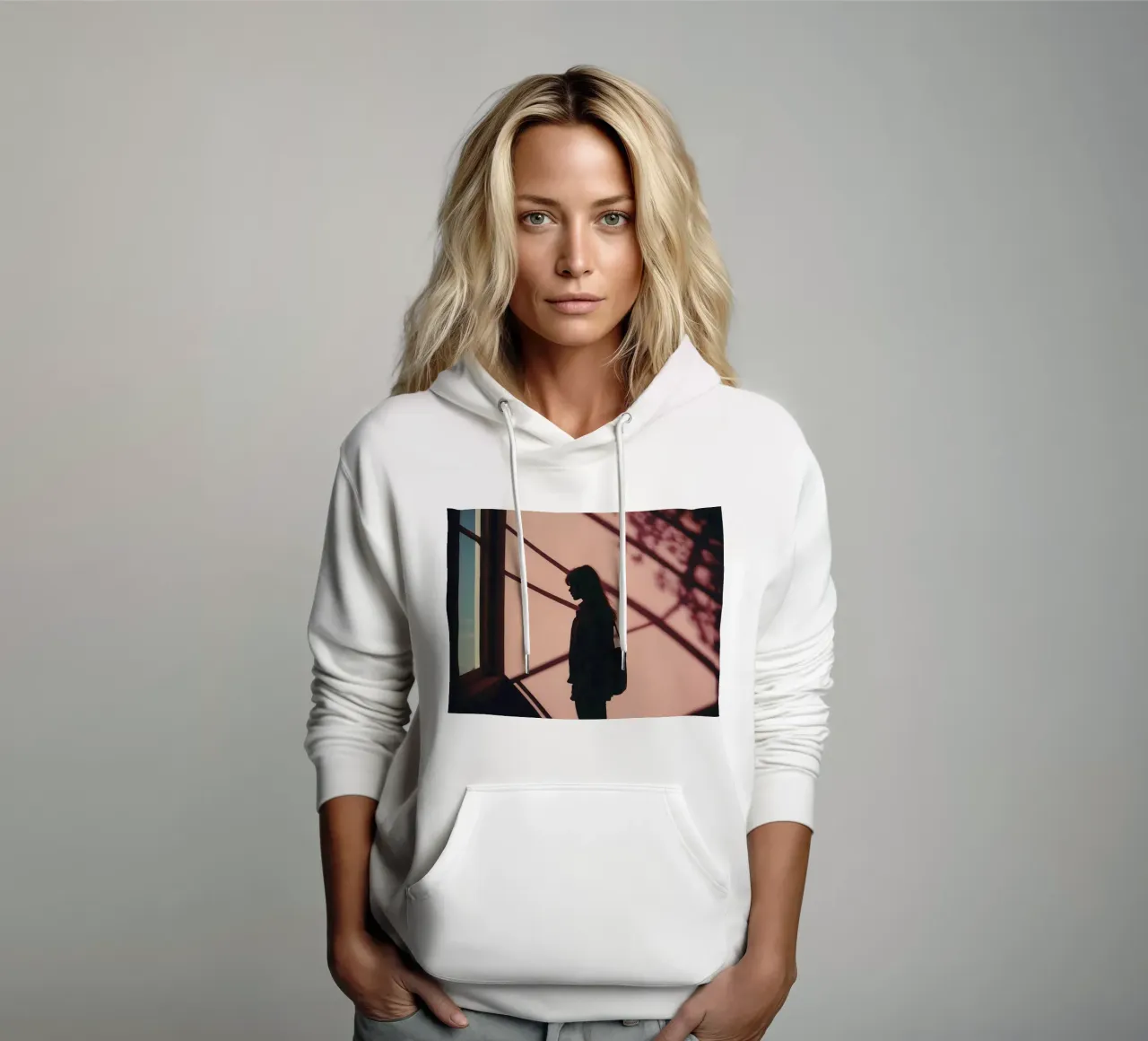 sagoma di una ragazza in piedi all'interno di un edificio felpa con cappuccio da serinae