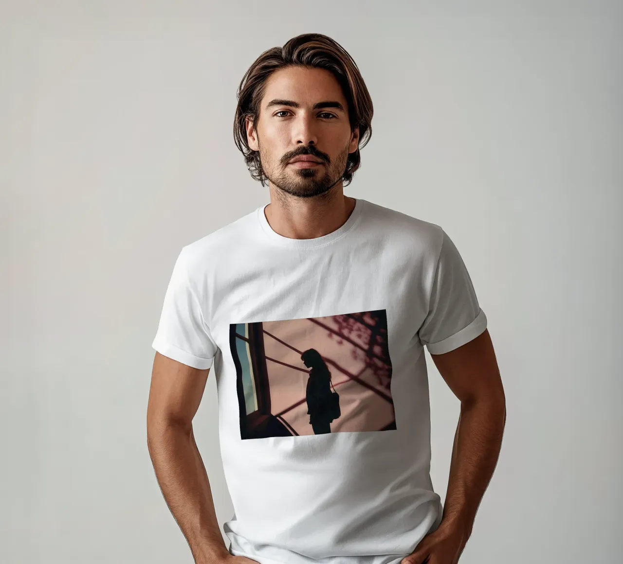 sagoma di una ragazza in piedi all'interno di un edificio t-shirt da serinae