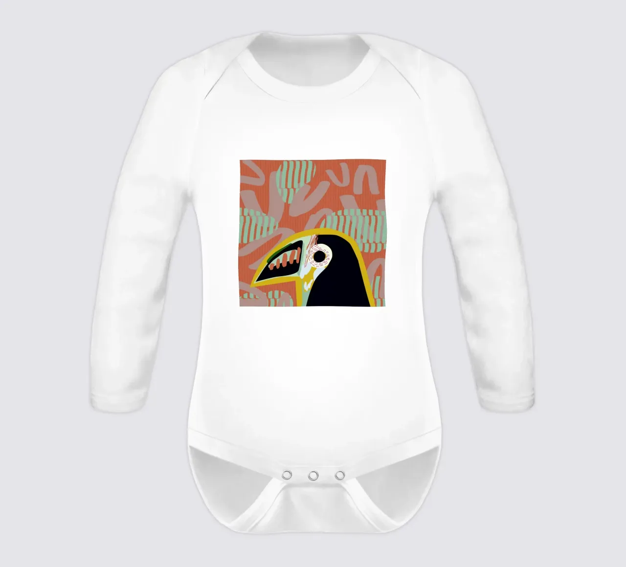 Tropical Toucan long-sleeve baby romper by Mariery Young
