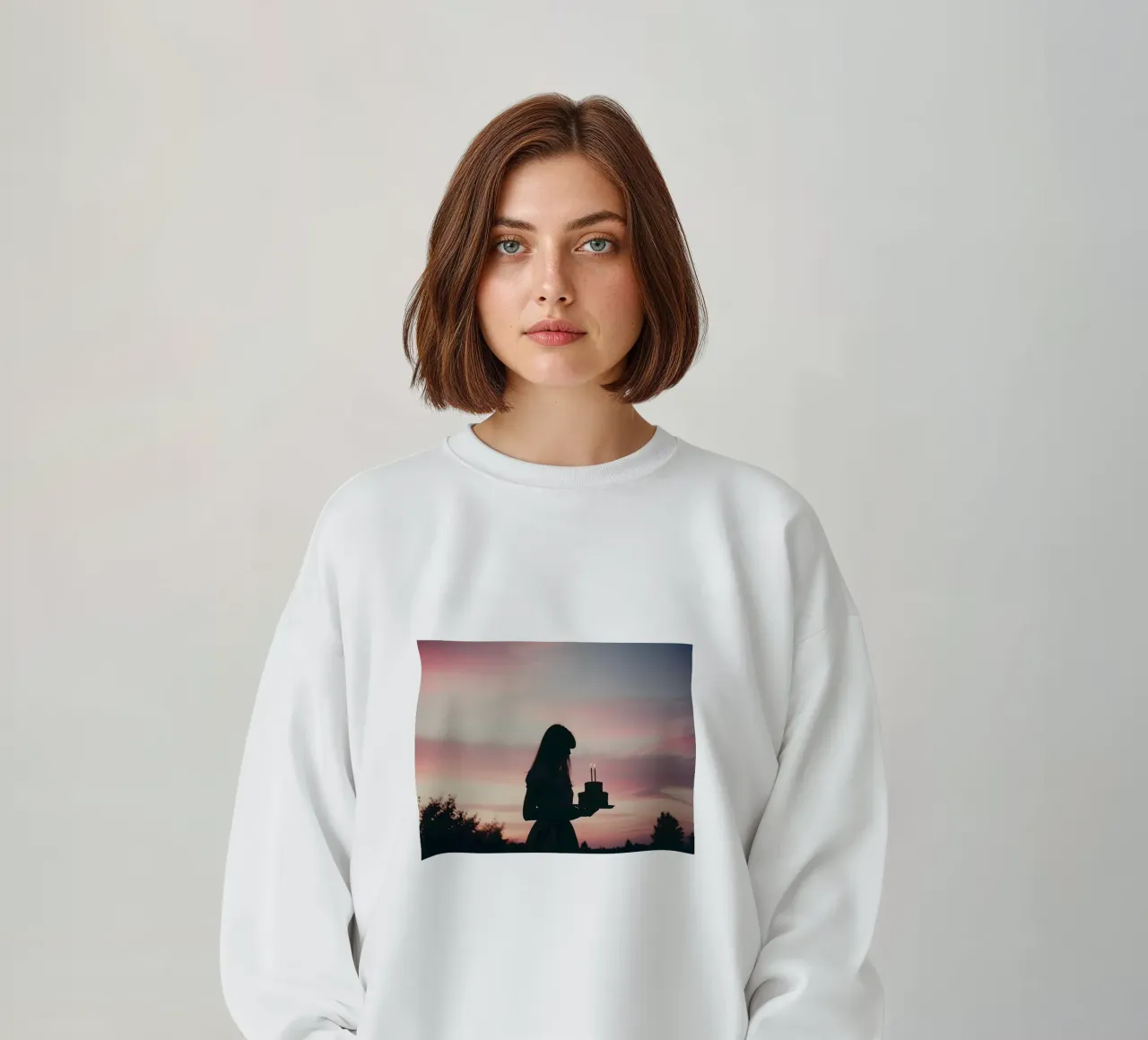 sagoma di una ragazza con in mano una torta di compleanno felpa da serinae