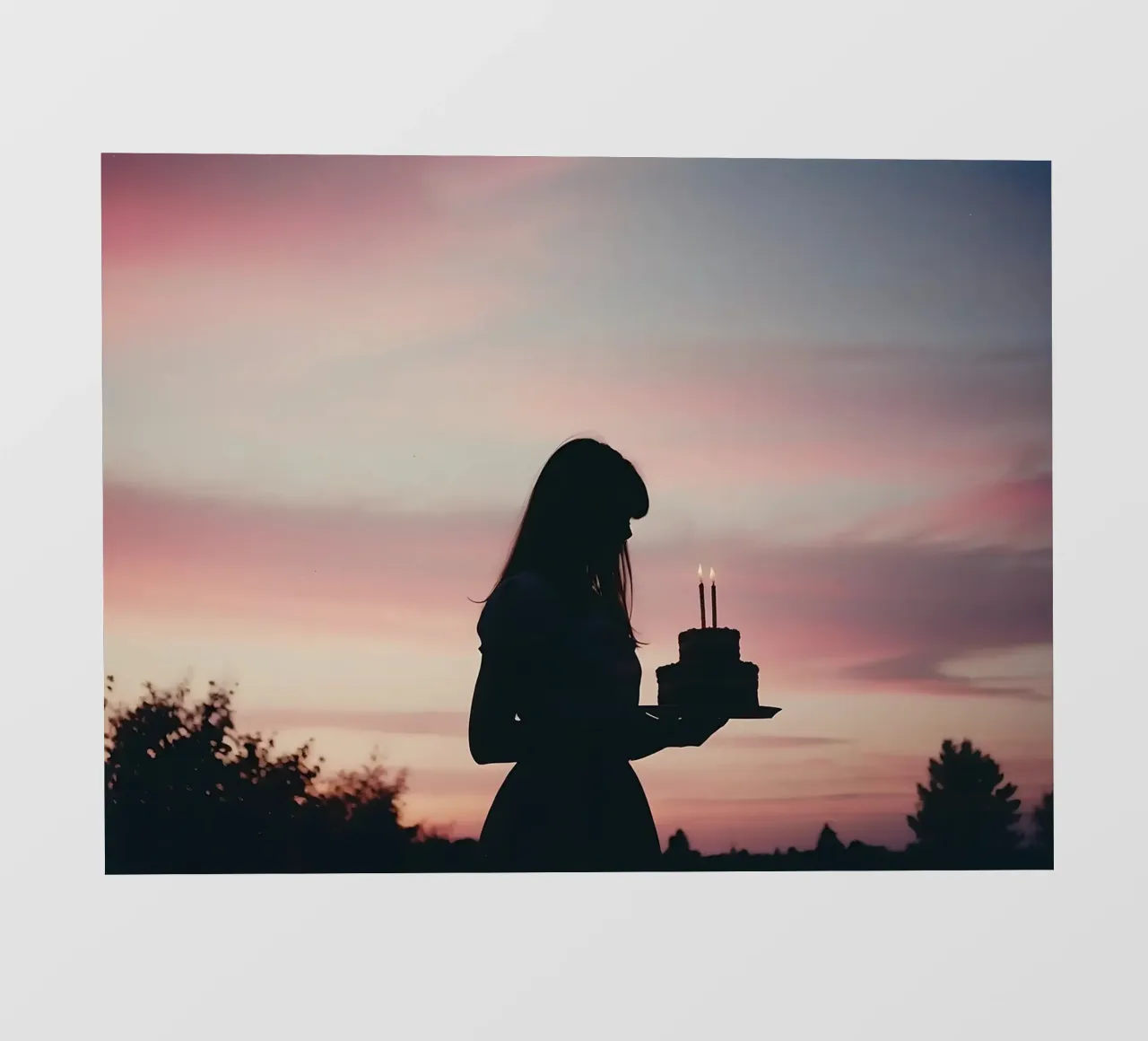 sagoma di una ragazza con in mano una torta di compleanno telo in pvc da serinae
