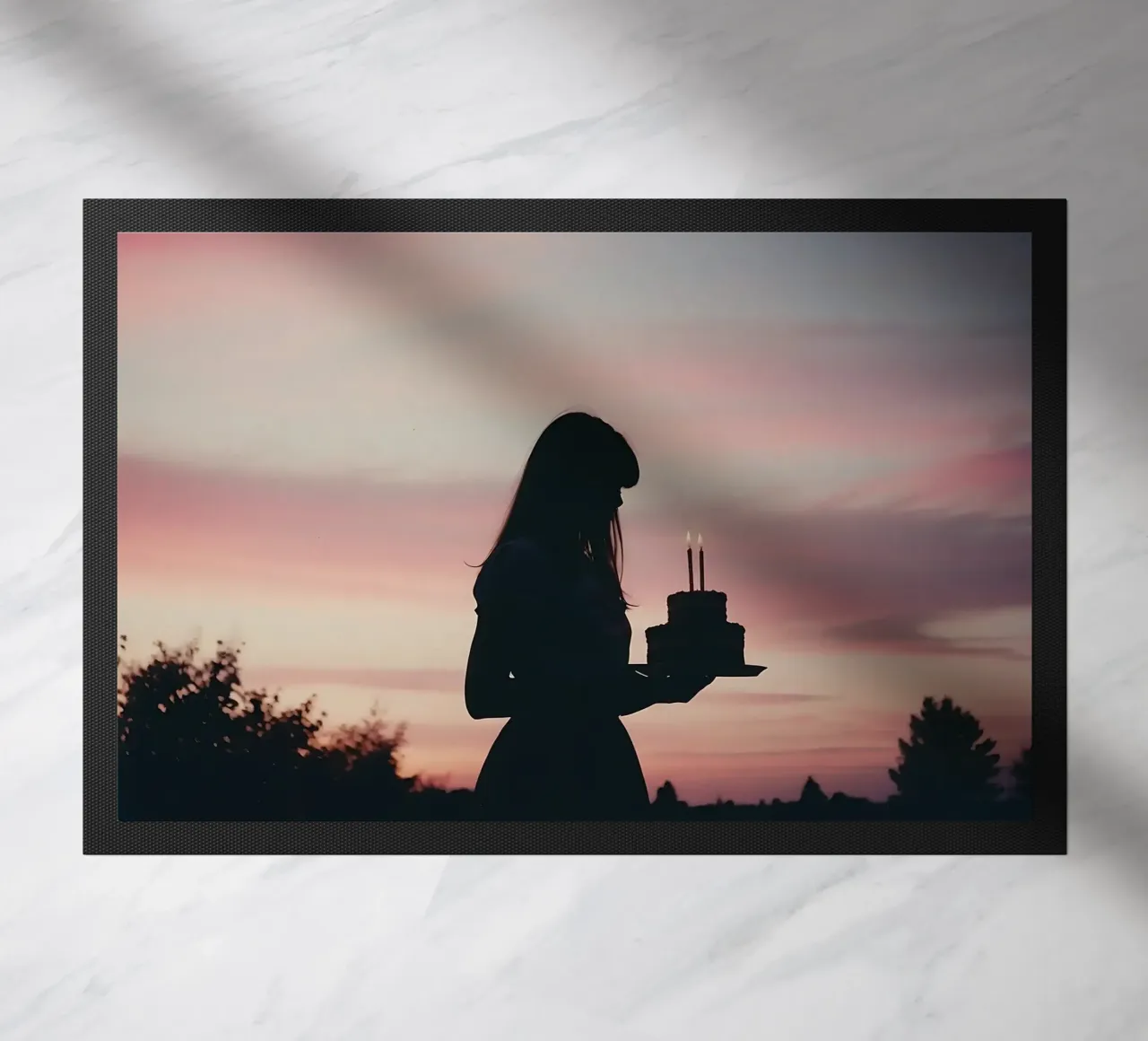 sagoma di una ragazza con in mano una torta di compleanno zerbino da serinae