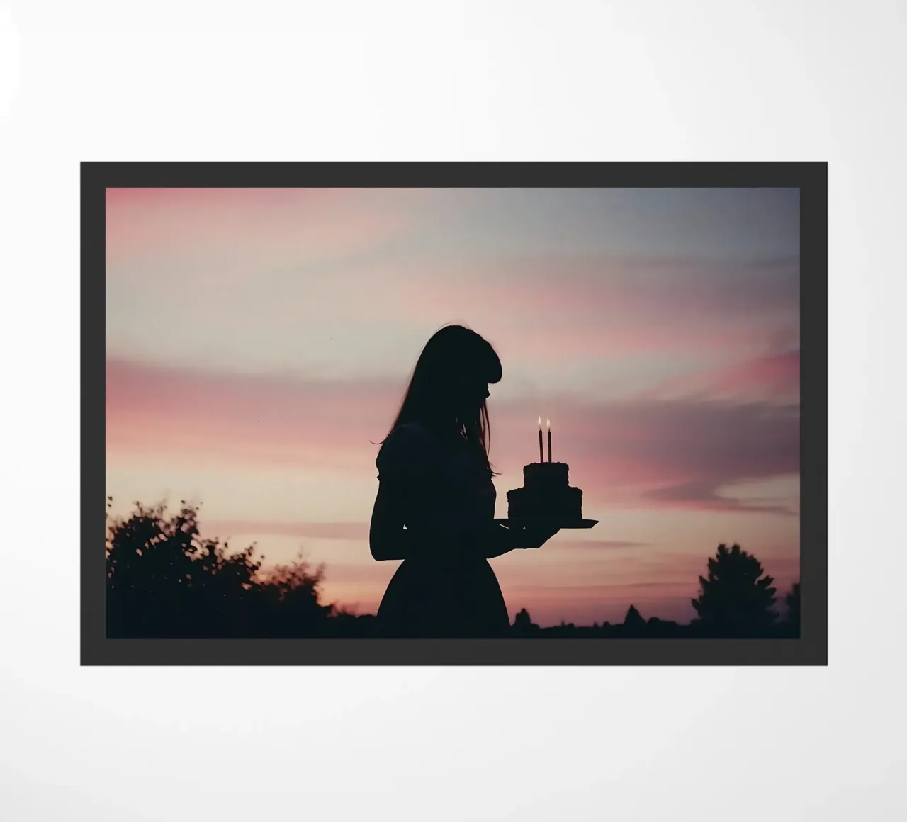 sagoma di una ragazza con in mano una torta di compleanno zerbino da serinae