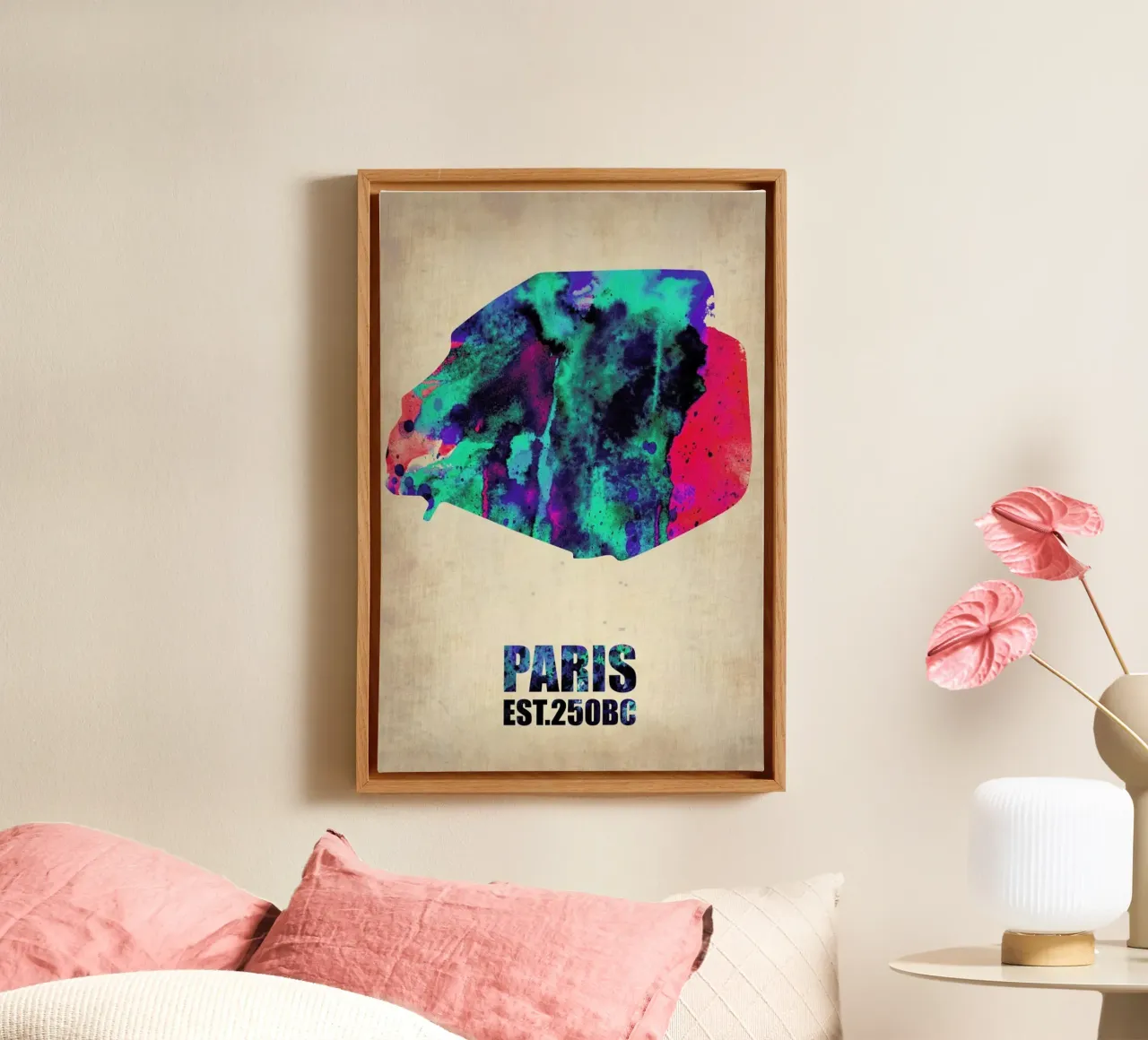 Paris Watercolor Map tela con Cornice a cassetta da Naxart