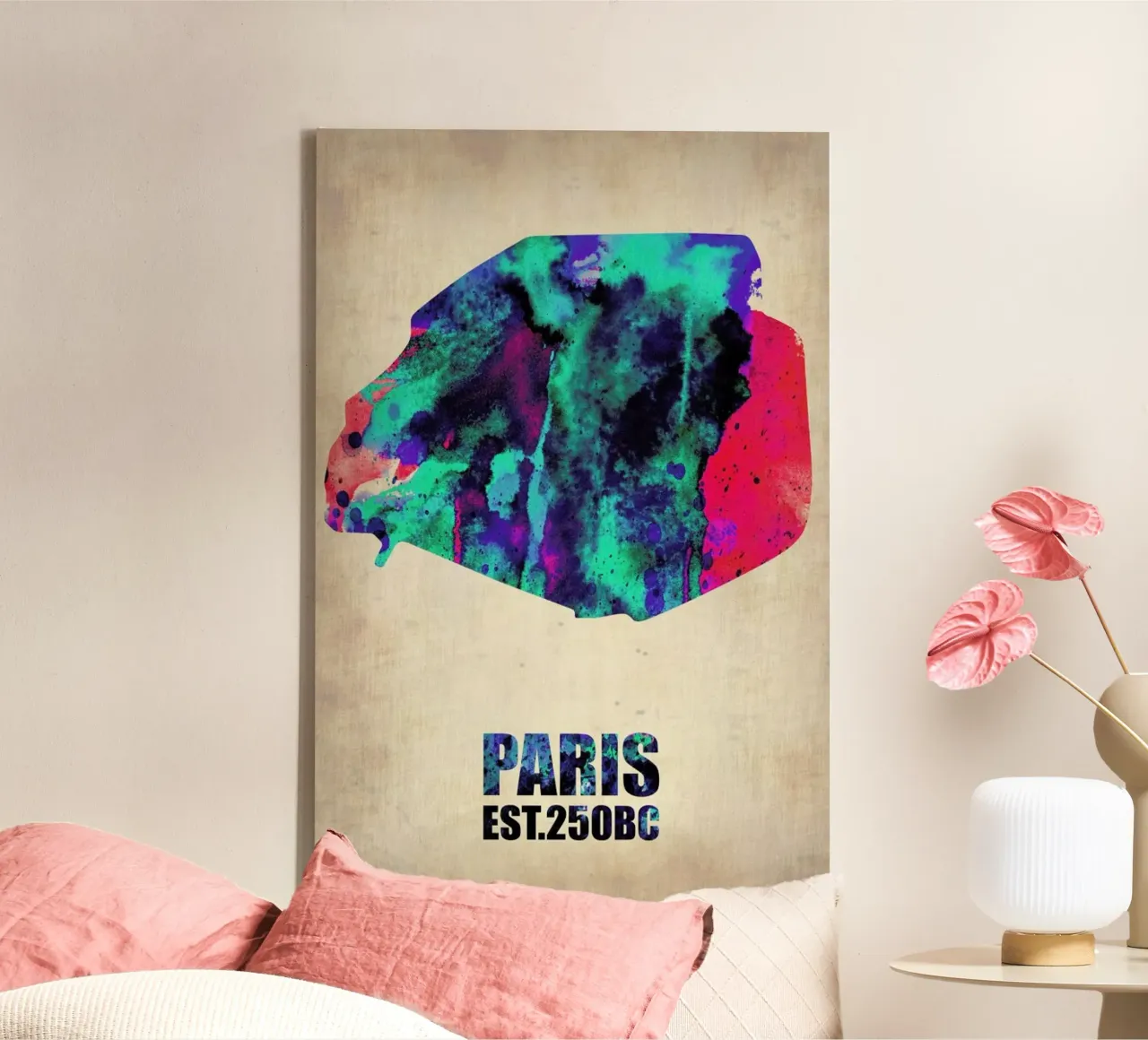 Paris Watercolor Map tela con Cornice a cassetta da Naxart
