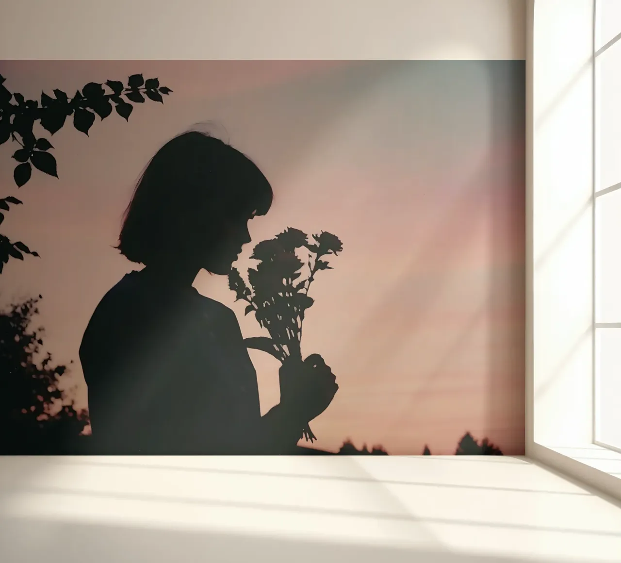 silhouette of a girl smelling a bunch of flowers photo wallpaper by serinae