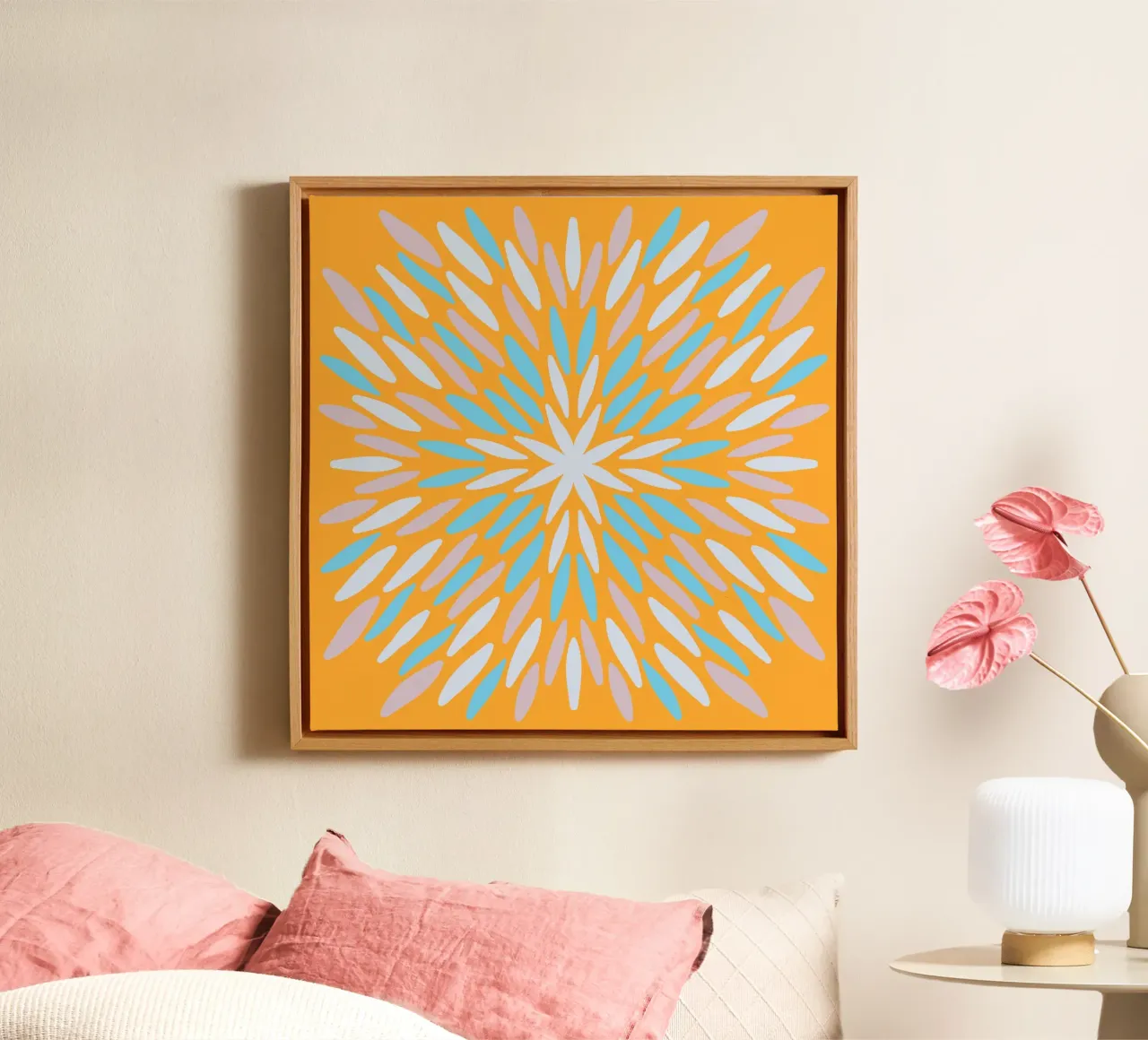 Petal burst - arancio, blu e beige tela con Cornice a cassetta da Wackapacka