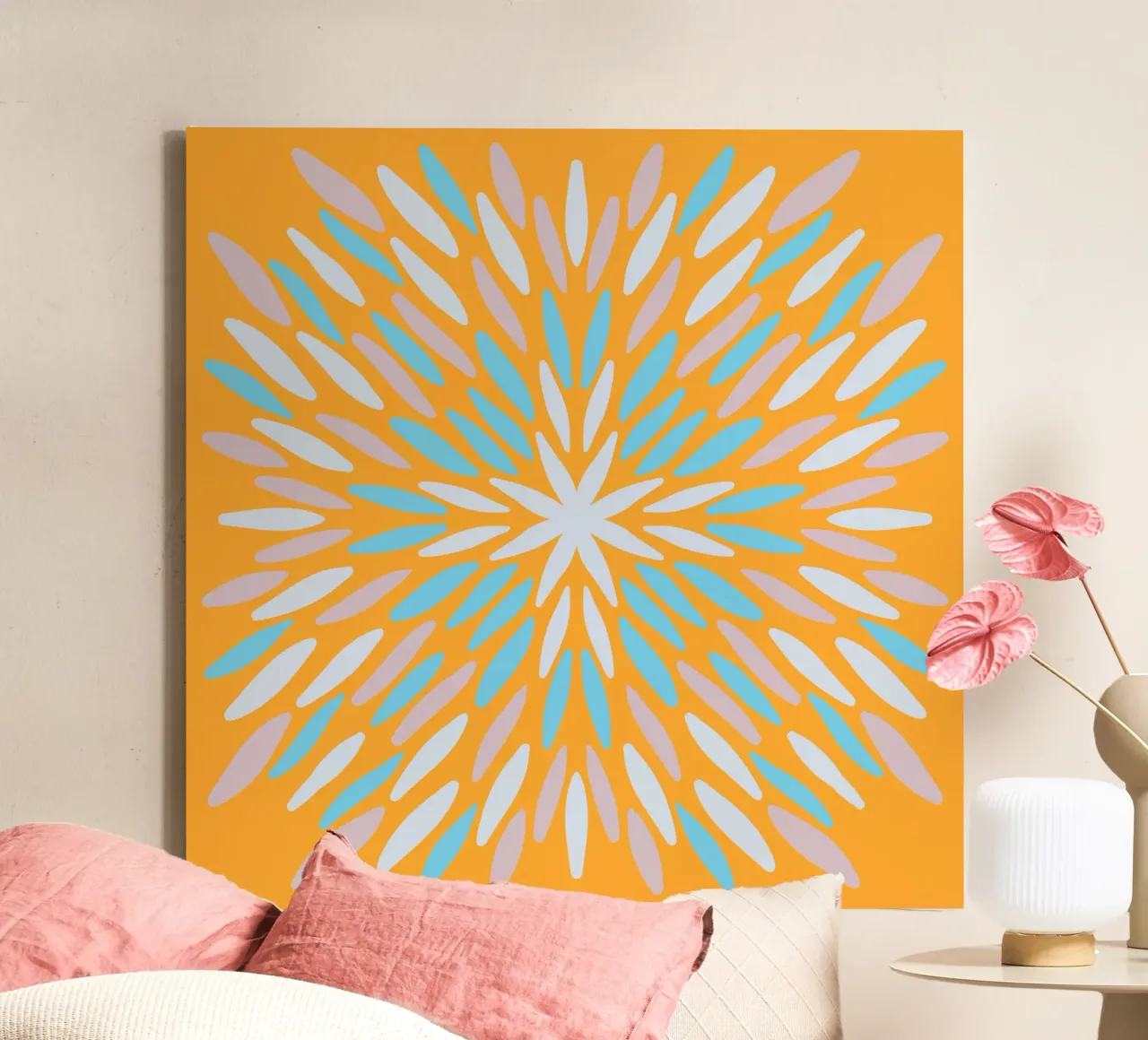 Petal burst - arancio, blu e beige tela con Cornice a cassetta da Wackapacka