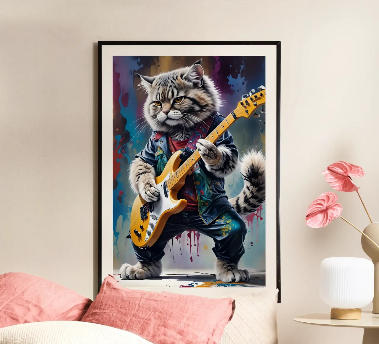 Il gatto della foresta suona la chitarra poster con telaio in alluminio da MakArena