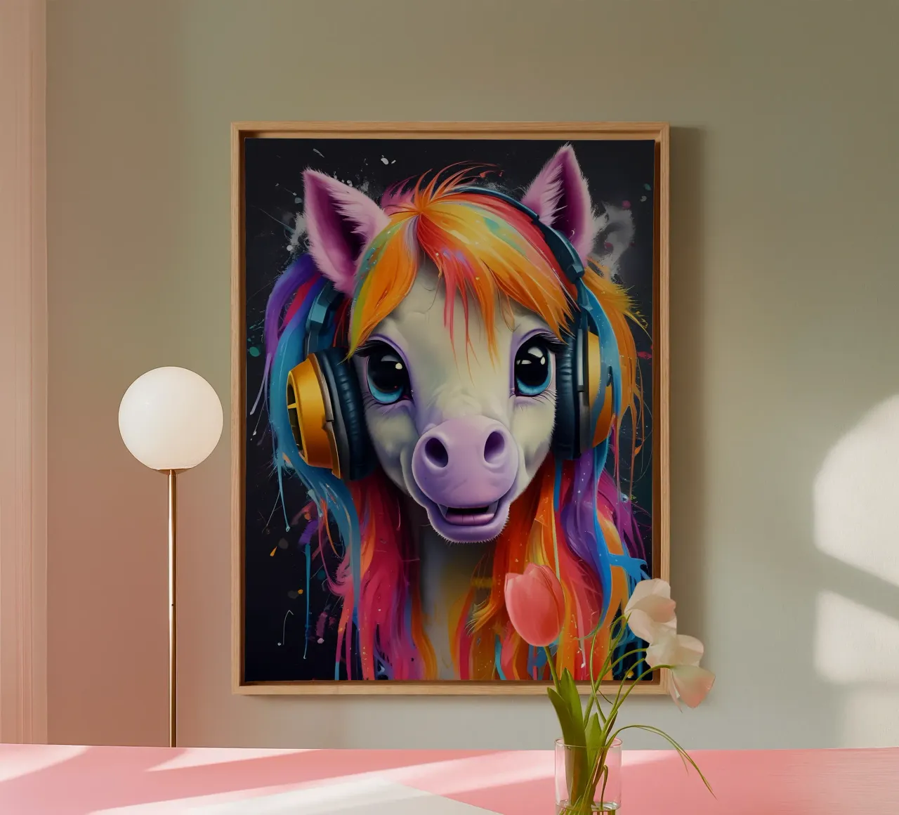Pony rosa con cuffie tela con Cornice a cassetta da MakArena