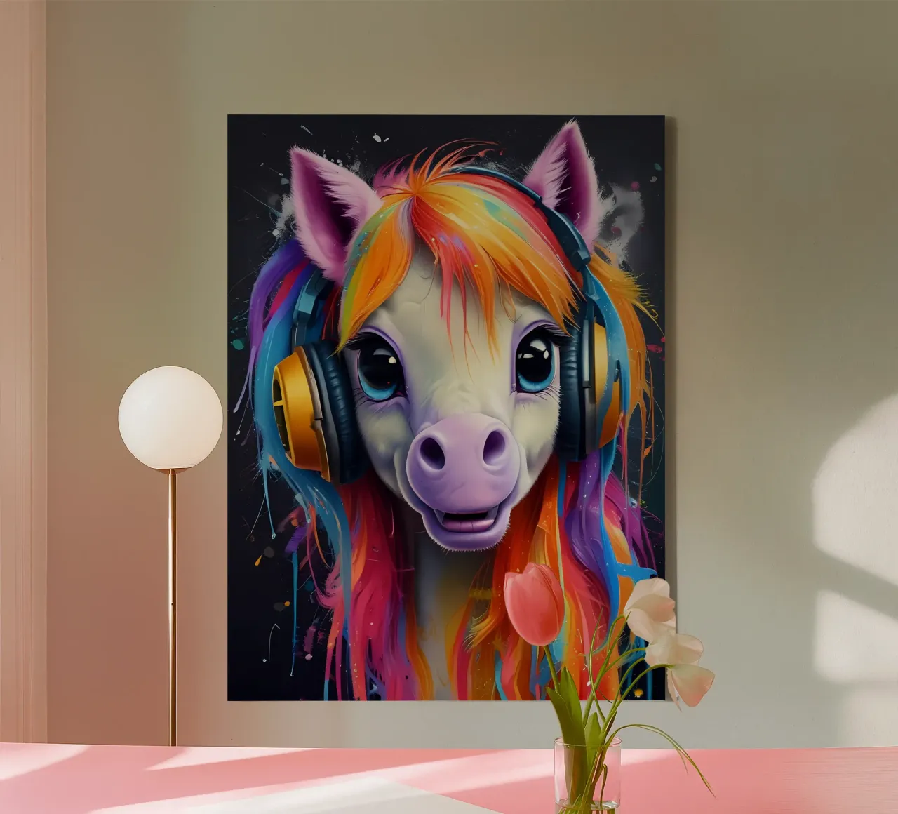 Pony rosa con cuffie tela con Cornice a cassetta da MakArena