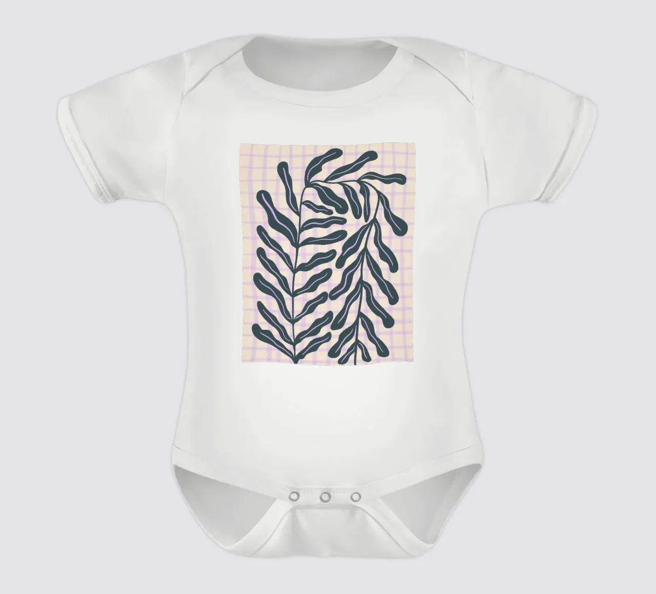 Abstract branch on a grid pattern short-sleeve baby romper by Wackapacka