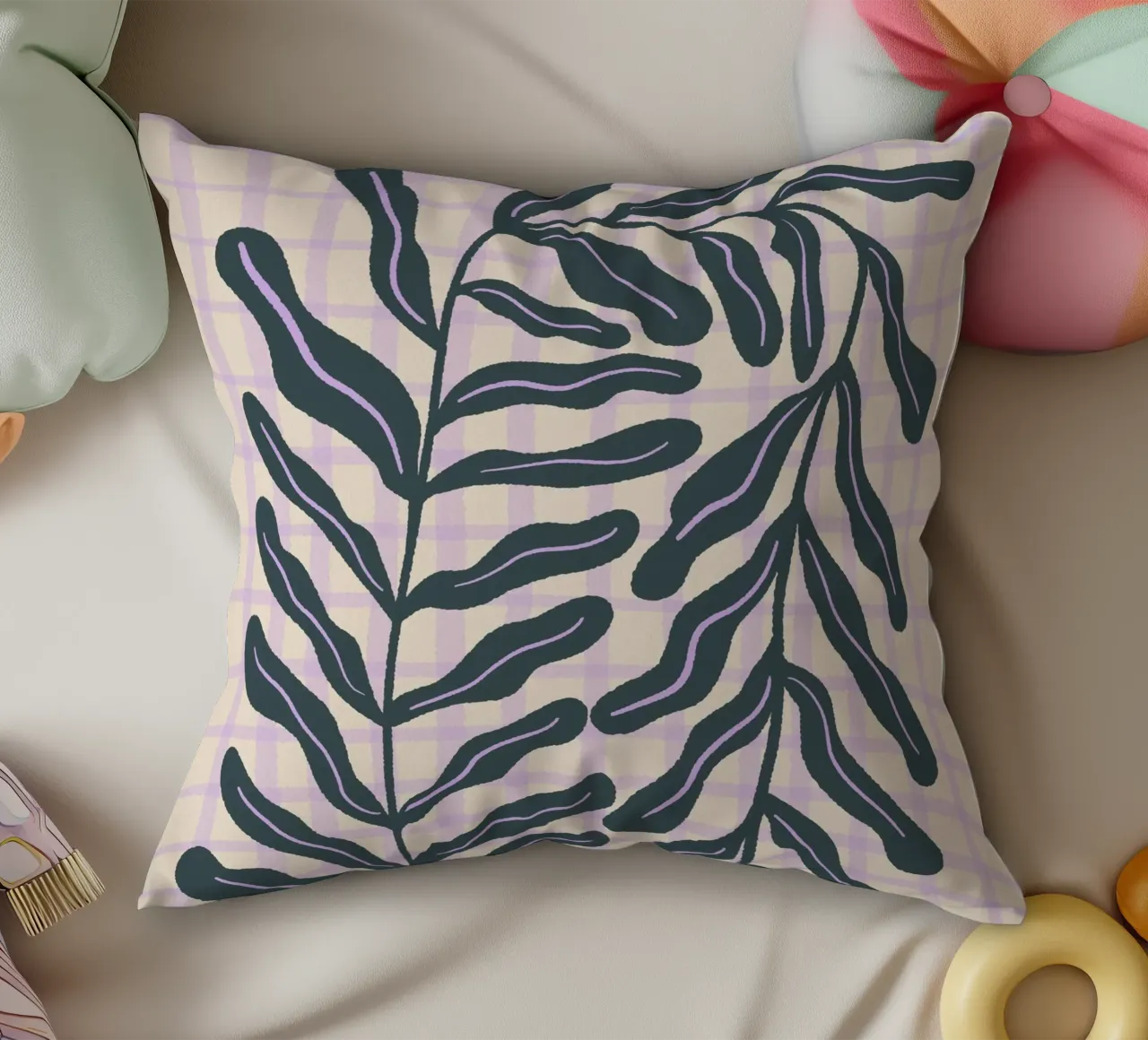 Abstract branch on a grid pattern decorative cushion by Wackapacka