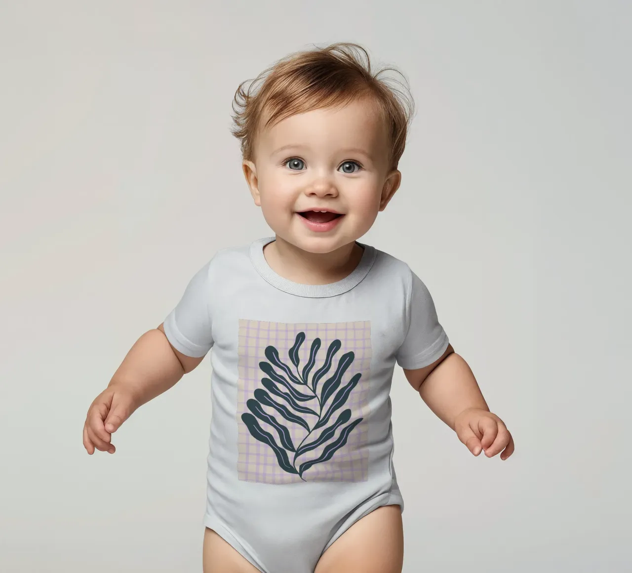 Abstract branch on a grid pattern 2 short-sleeve baby romper by Wackapacka