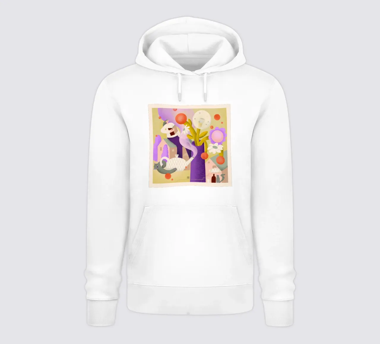 Still life - flowers in vase, teapot, cat & woman reading hoodie by Bold & Beautiful