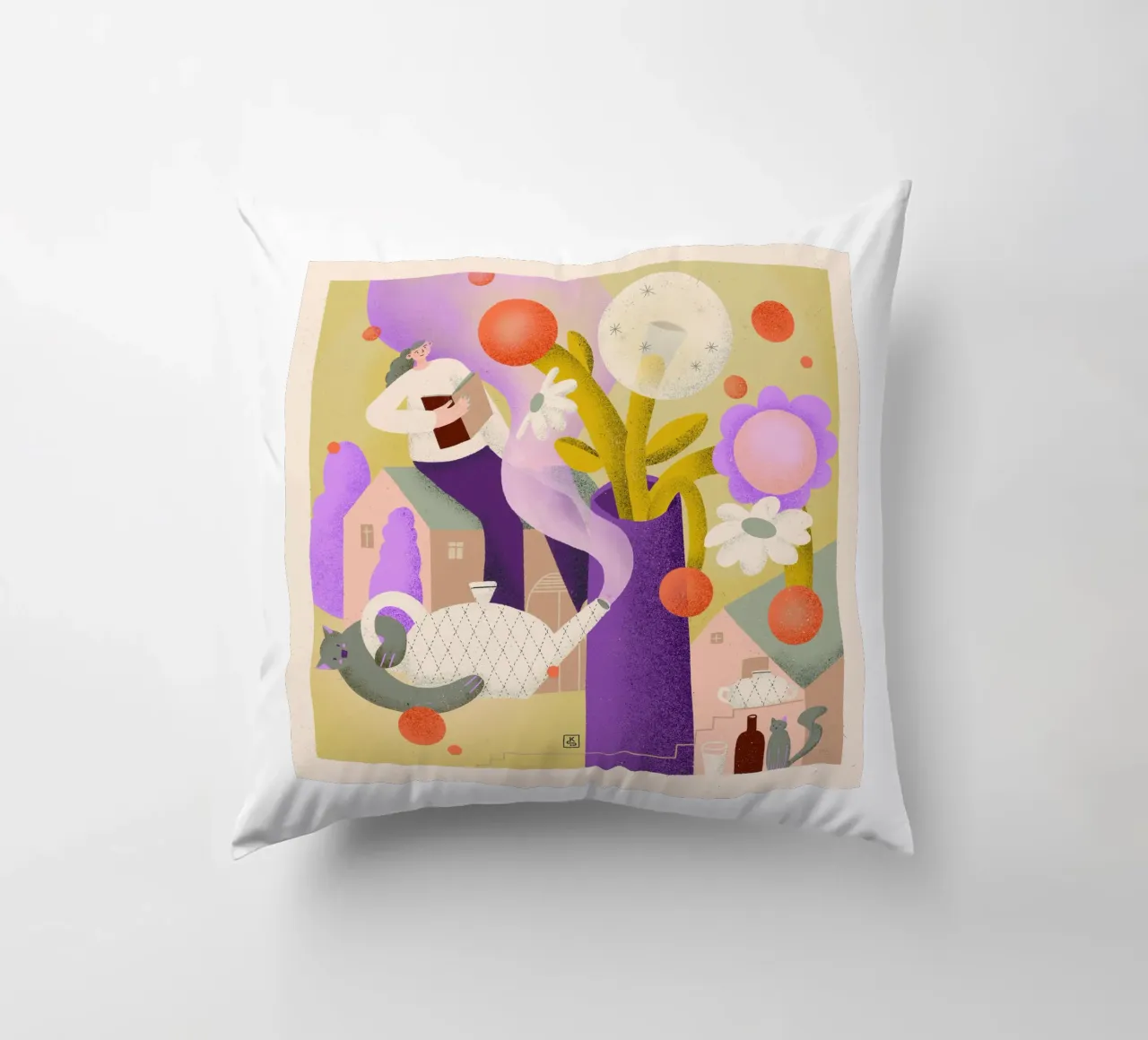 Still life - flowers in vase, teapot, cat & woman reading decorative cushion by Bold & Beautiful