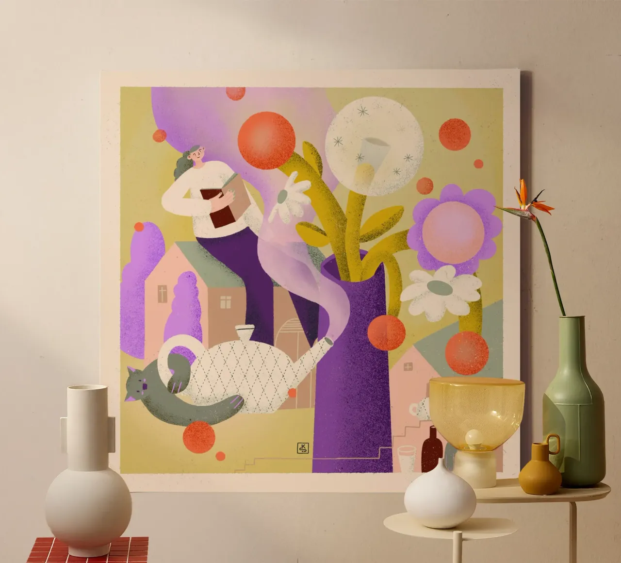 Still life - flowers in vase, teapot, cat & woman reading canvas by Bold & Beautiful