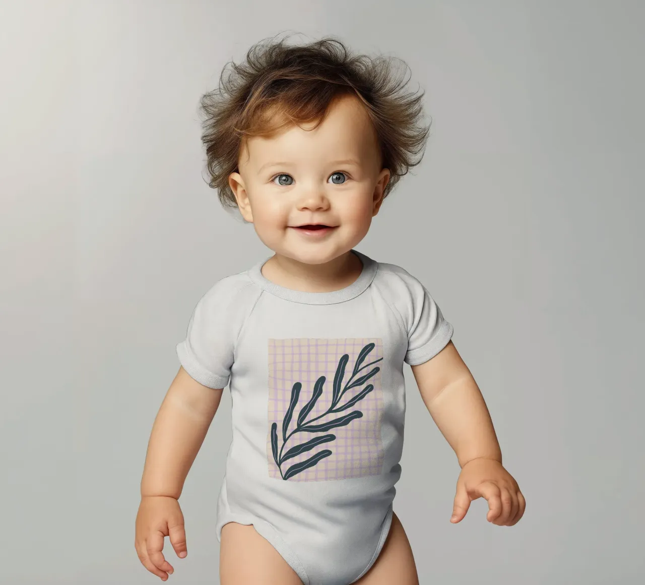 Abstract branch on a grid pattern 3 short-sleeve baby romper by Wackapacka