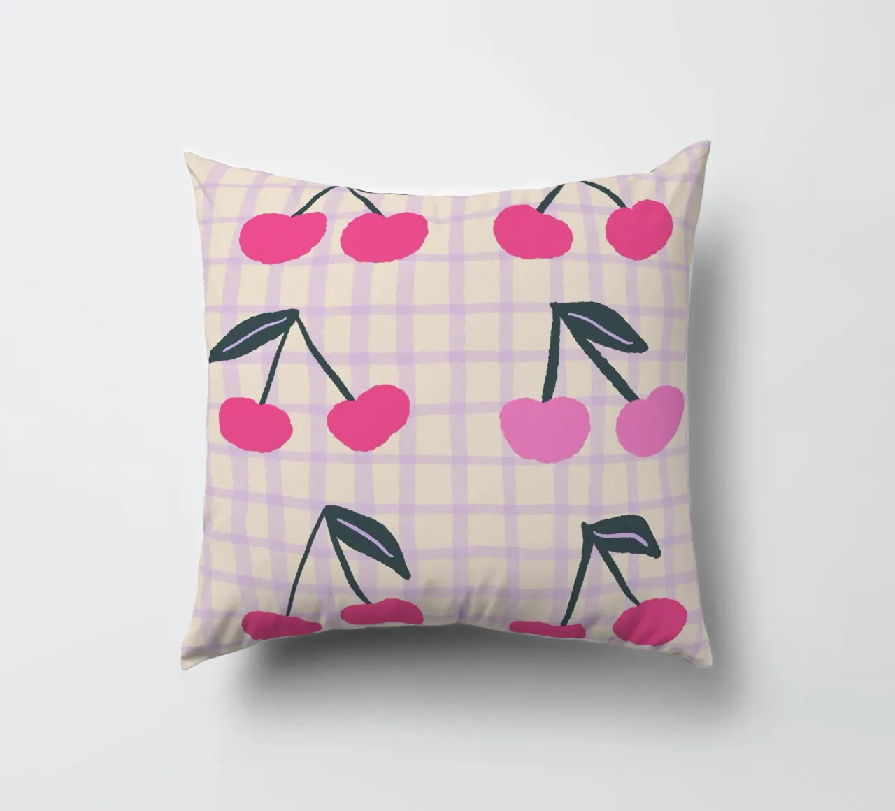 Abstract cherries on a grid pattern decorative cushion by Wackapacka