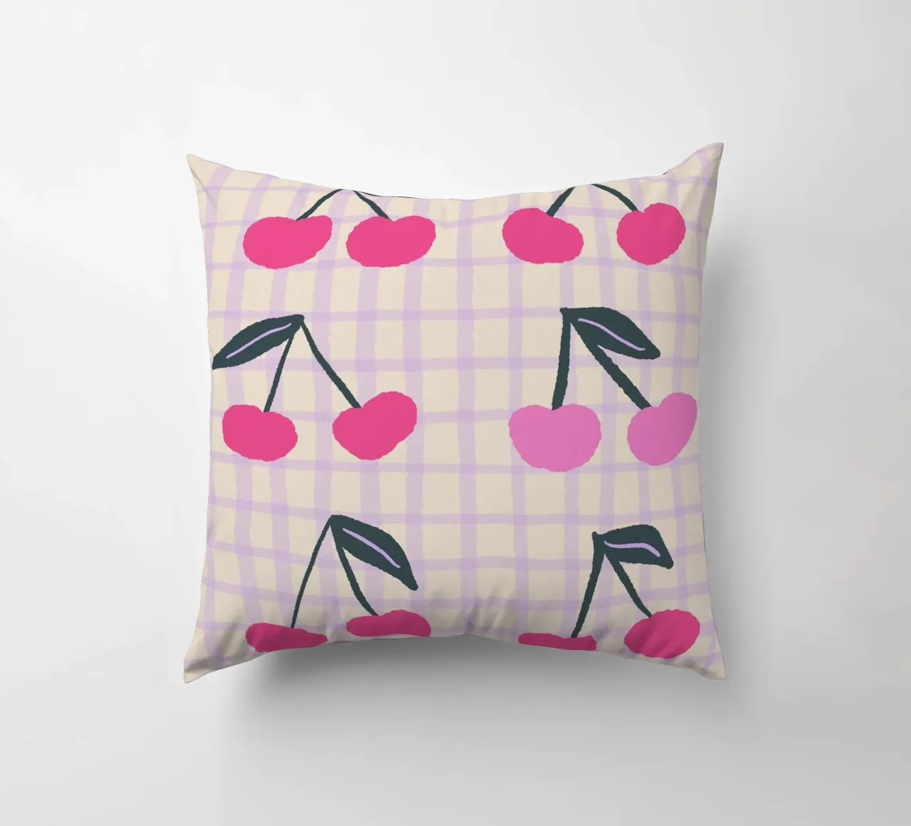 Abstract cherries on a grid pattern decorative cushion by Wackapacka