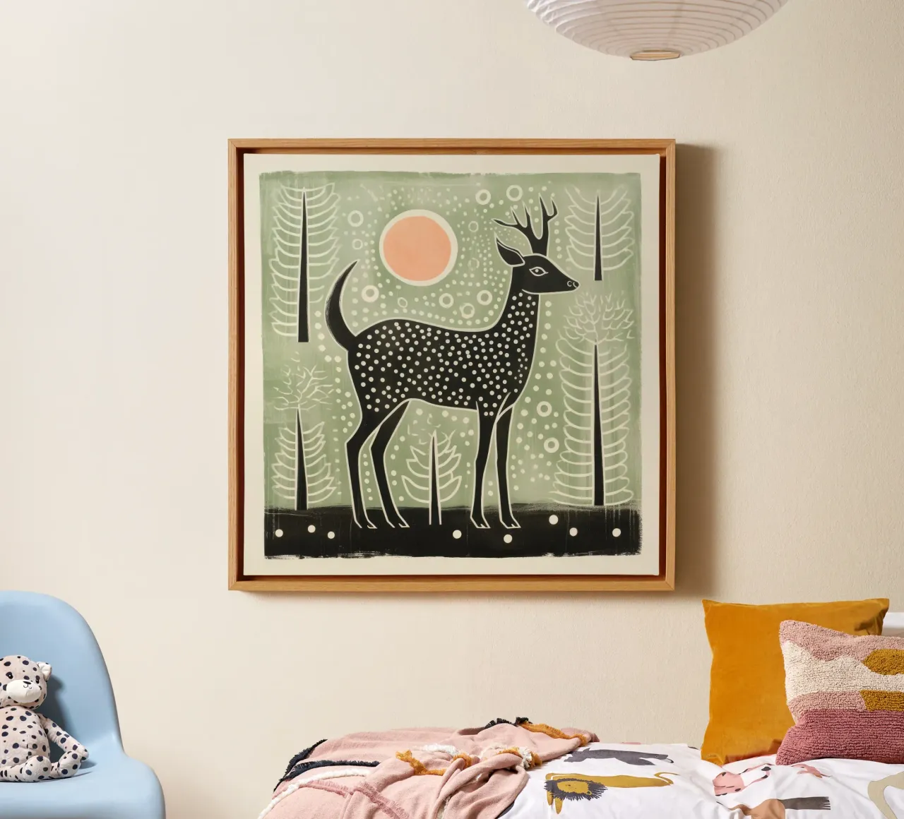 Grüne Hirsche 4 Leinwand mit Schattenfugenrahmen von Minimal Animal Art