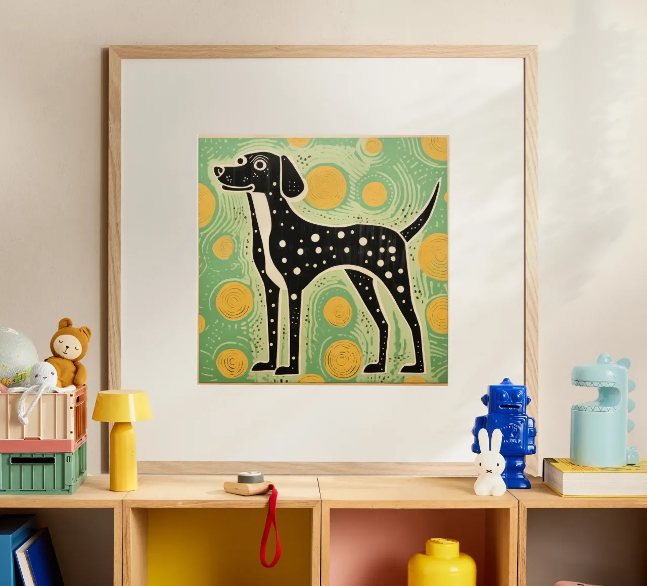 Cane verde 1 poster con telaio in legno da Minimal Animal Art