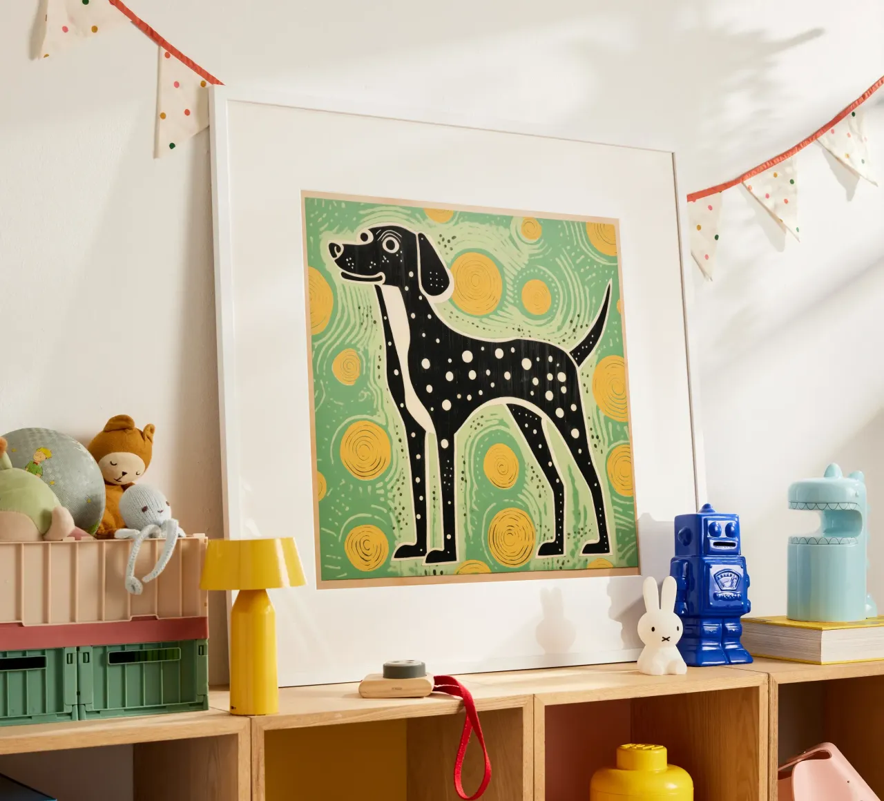 Cane verde 1 poster con telaio in legno da Minimal Animal Art