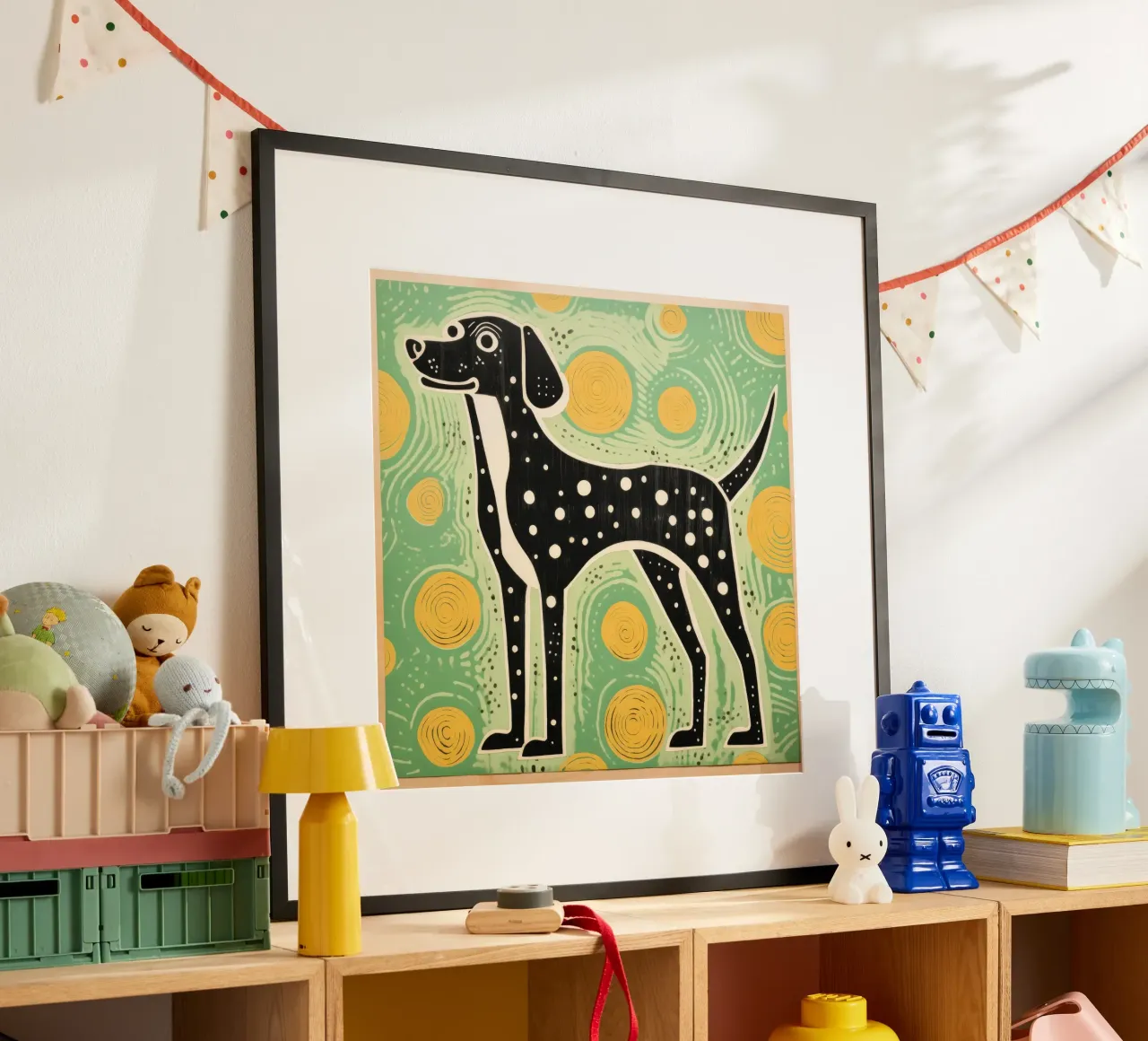 Cane verde 1 poster con telaio in legno da Minimal Animal Art