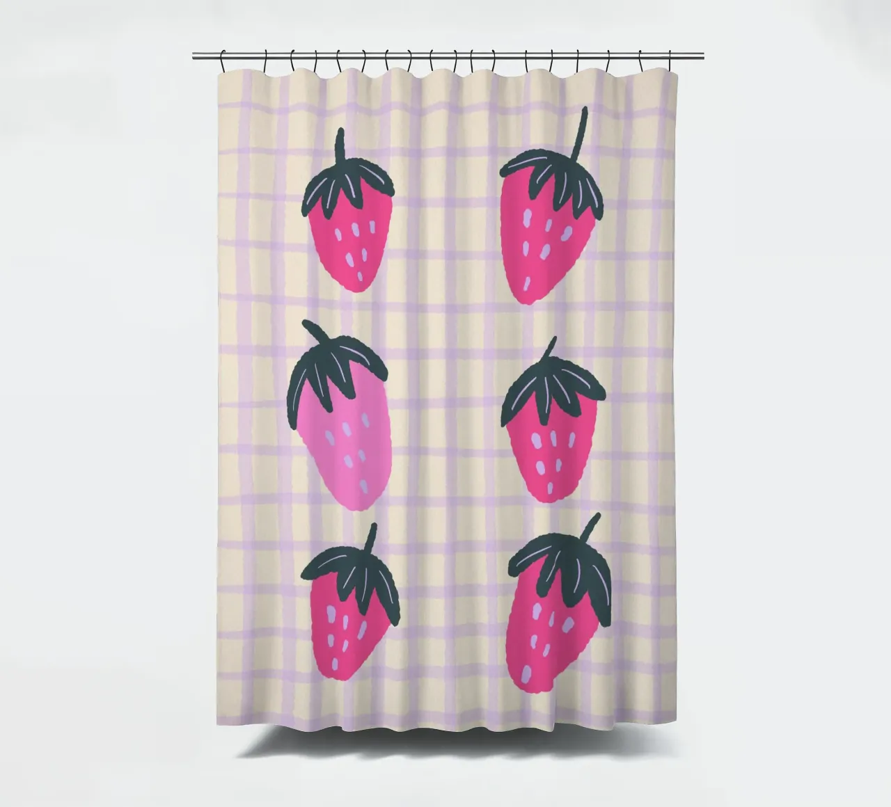 Abstract strawberries on a grid pattern shower curtain by Wackapacka
