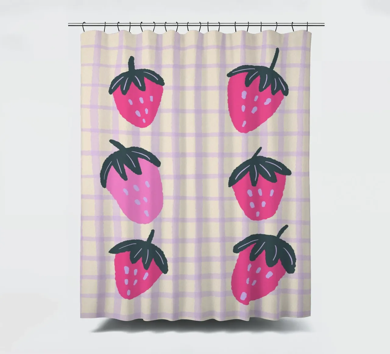 Abstract strawberries on a grid pattern shower curtain by Wackapacka
