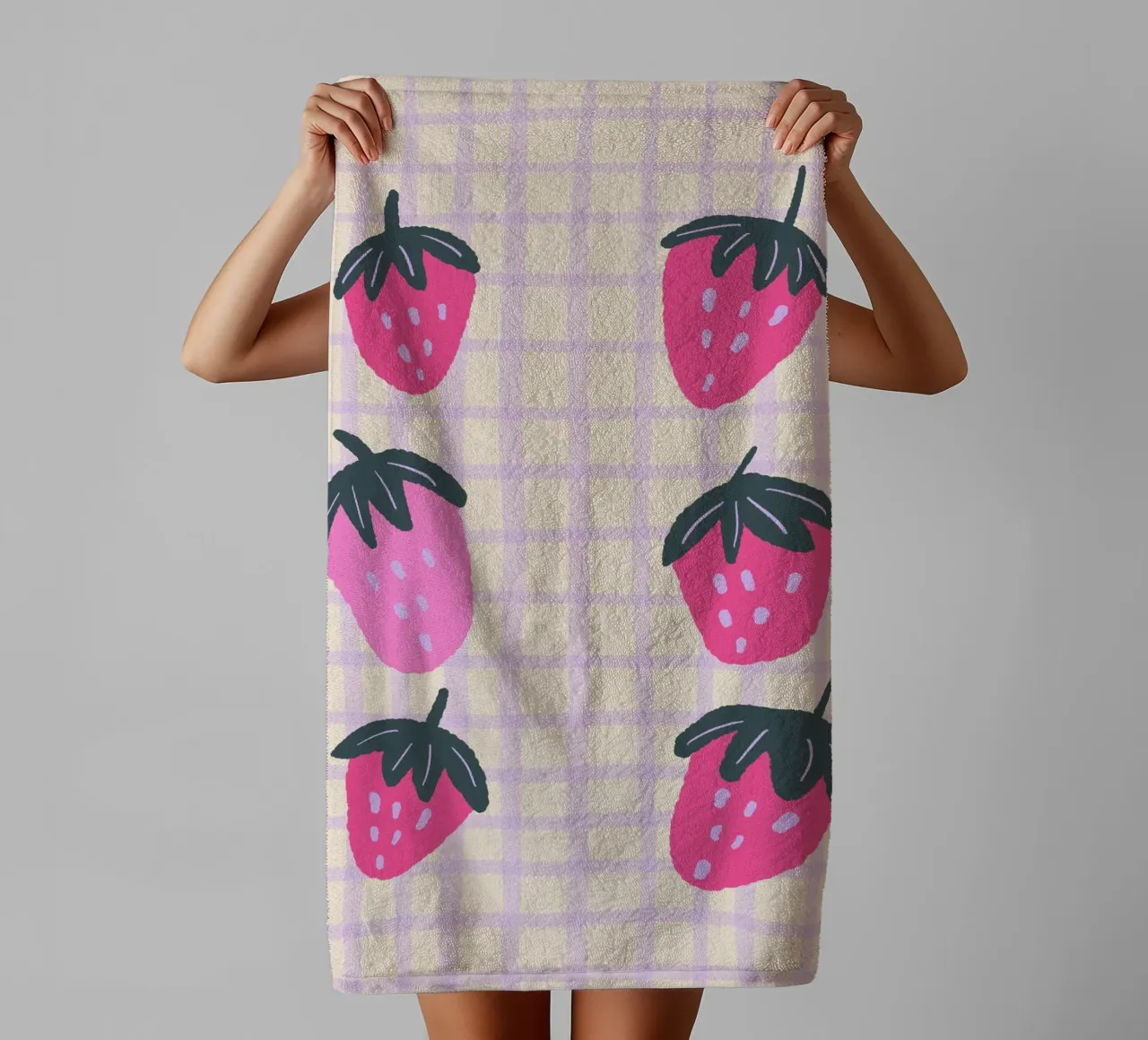 Abstract strawberries on a grid pattern towel by Wackapacka
