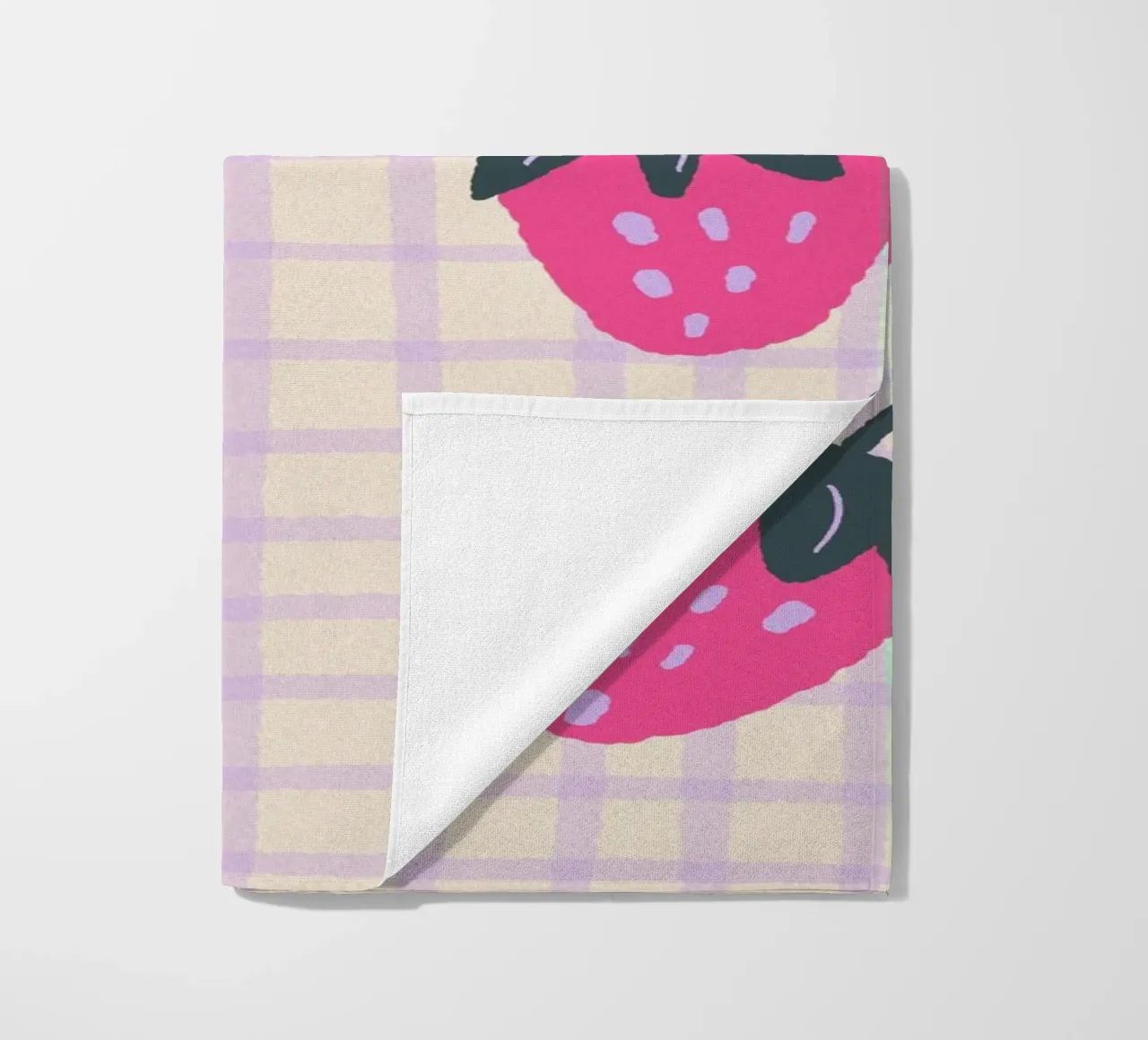 Abstract strawberries on a grid pattern beach towel by Wackapacka