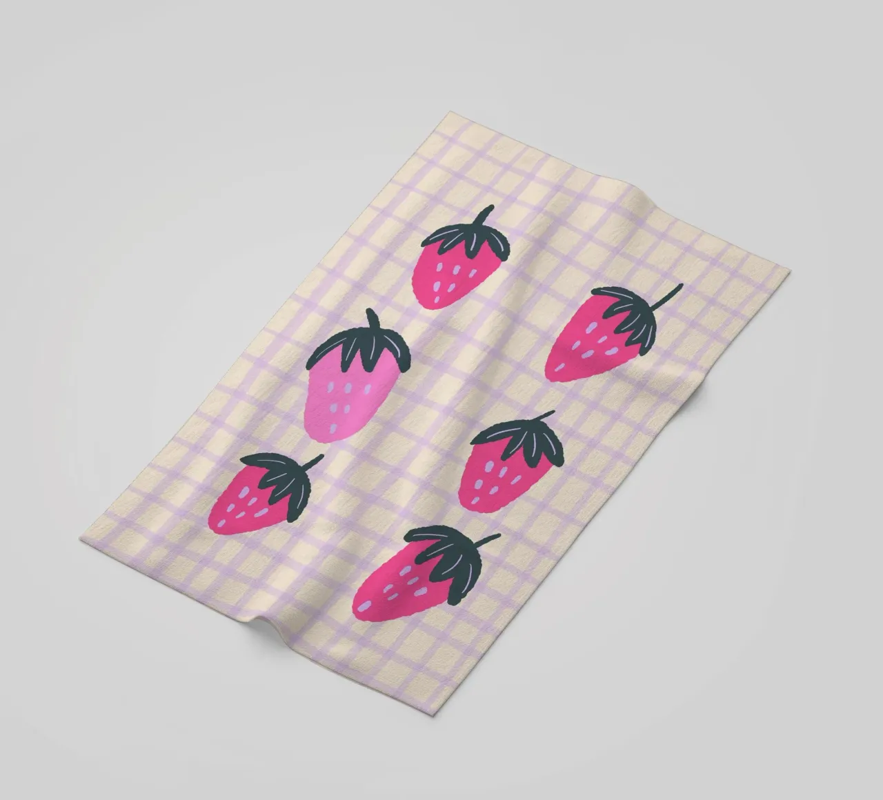Abstract strawberries on a grid pattern beach towel by Wackapacka