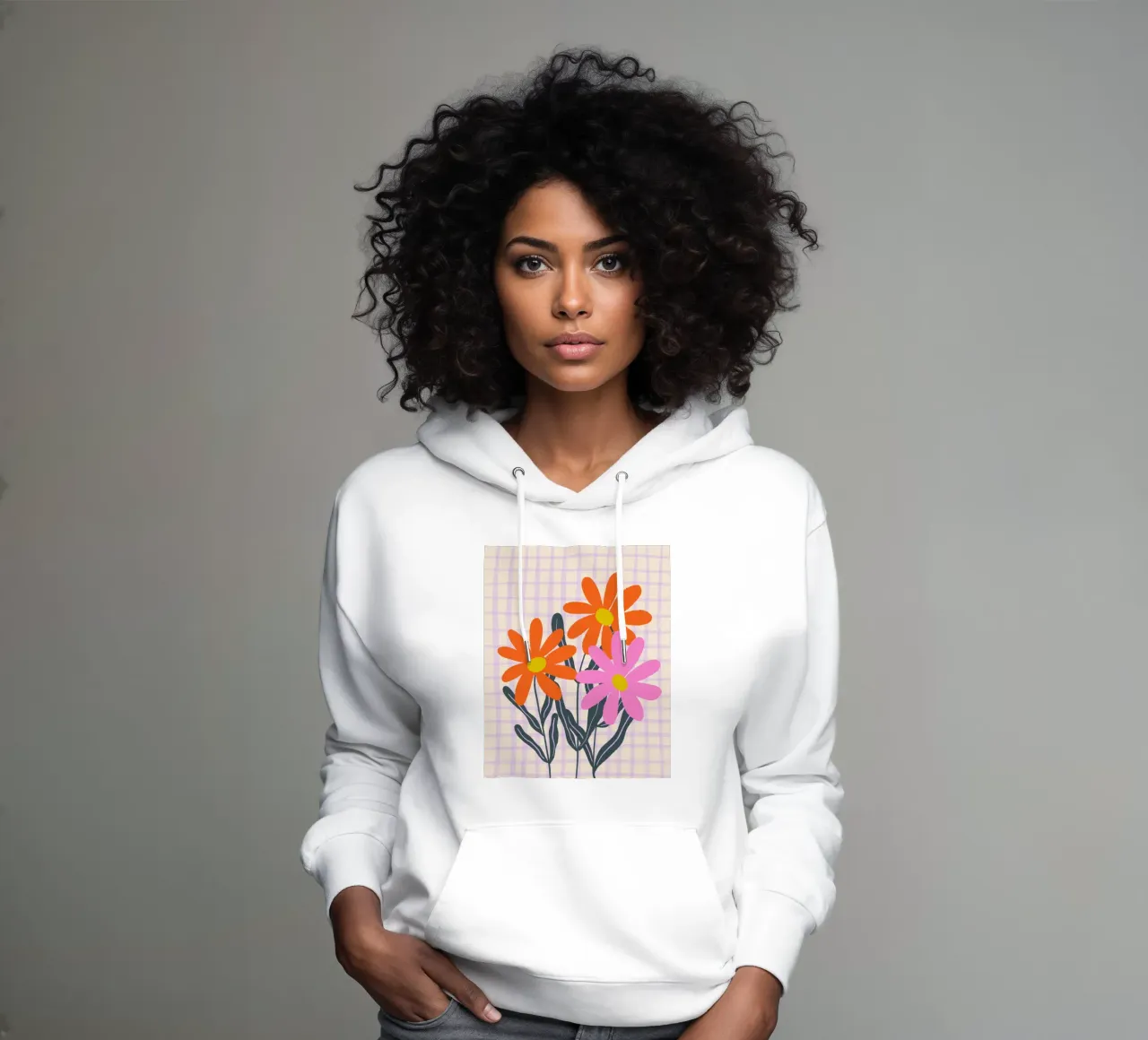 Flores abstractas en una cuadrícula sudadera con capucha de Wackapacka