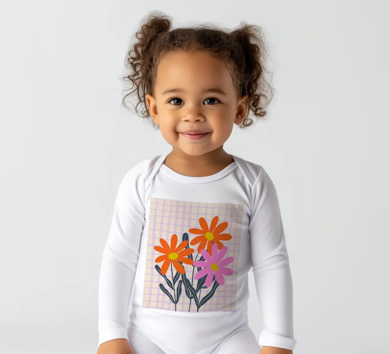 Abstract flowers on a grid pattern long-sleeve baby romper by Wackapacka
