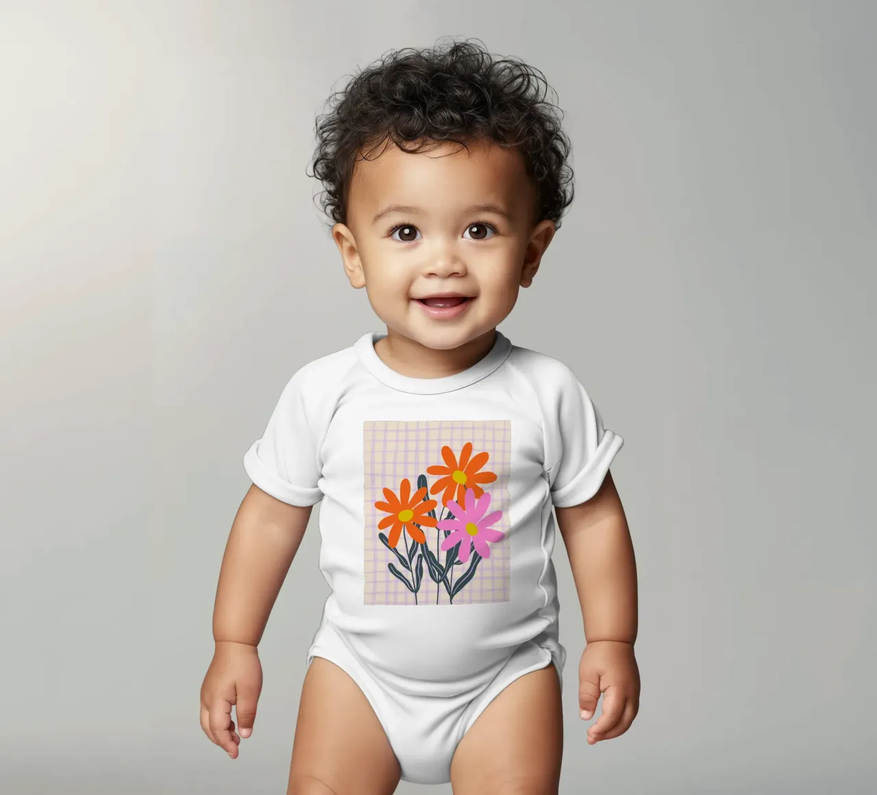 Abstract flowers on a grid pattern short-sleeve baby romper by Wackapacka