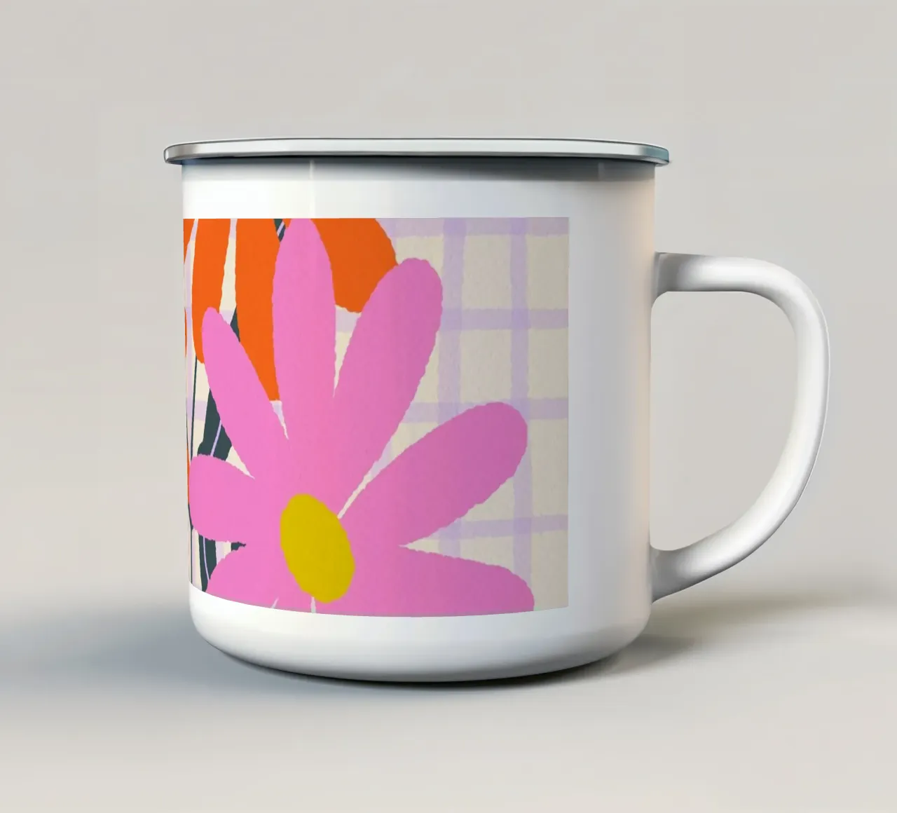 Abstract flowers on a grid pattern enamel mug by Wackapacka