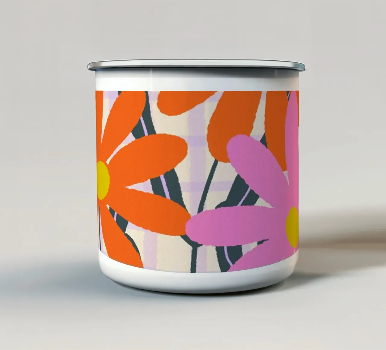 Abstract flowers on a grid pattern enamel mug by Wackapacka