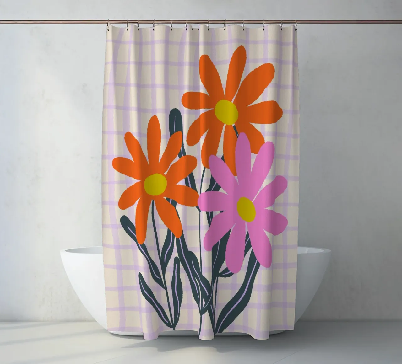 Abstract flowers on a grid pattern shower curtain by Wackapacka