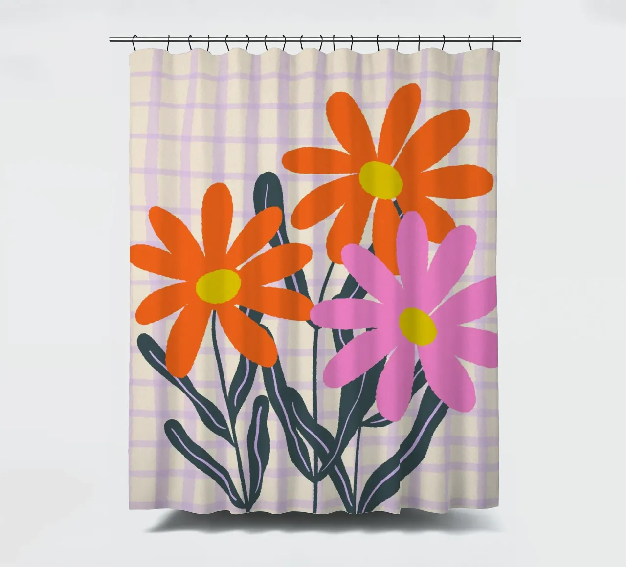 Abstract flowers on a grid pattern shower curtain by Wackapacka