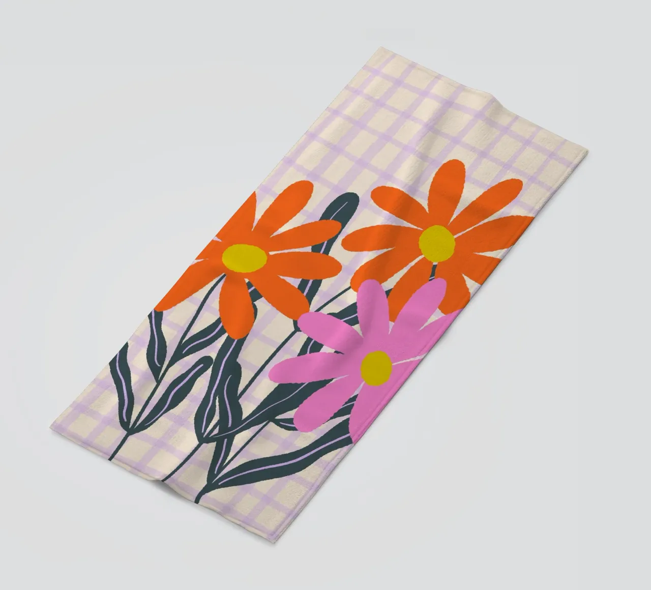 Abstract flowers on a grid pattern beach towel by Wackapacka