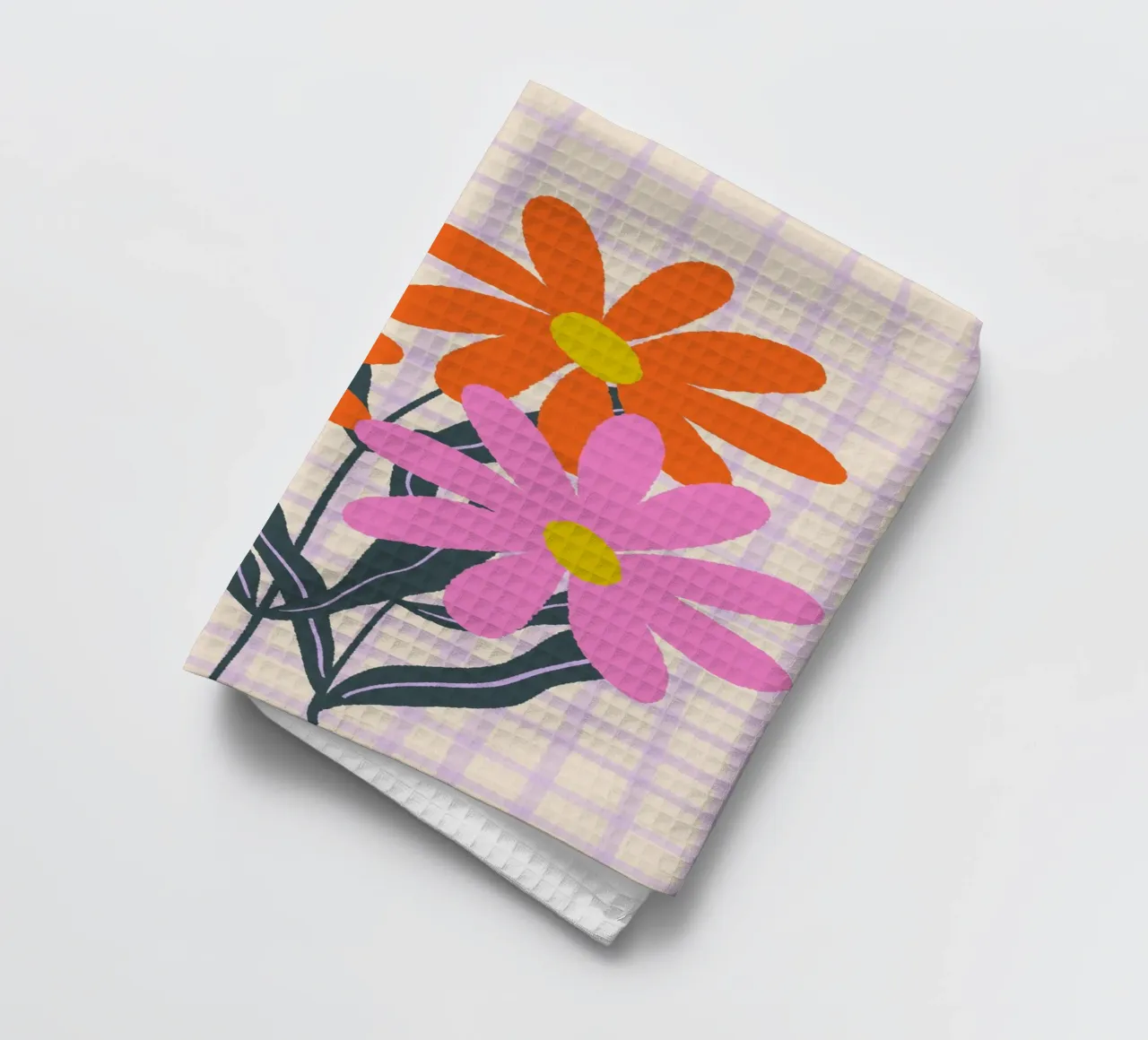 Abstract flowers on a grid pattern tea towel by Wackapacka